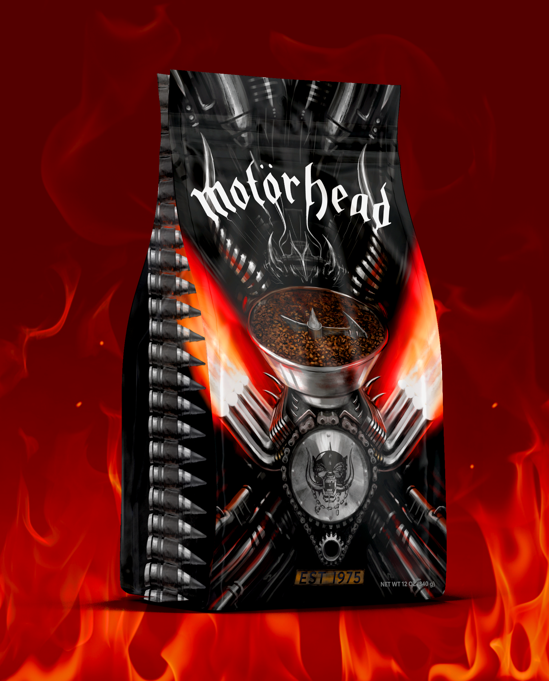 Premium coffee packaging developed as part of Motörhead's official coffee brand, combining original illustration with bold typography and production-ready packaging design.