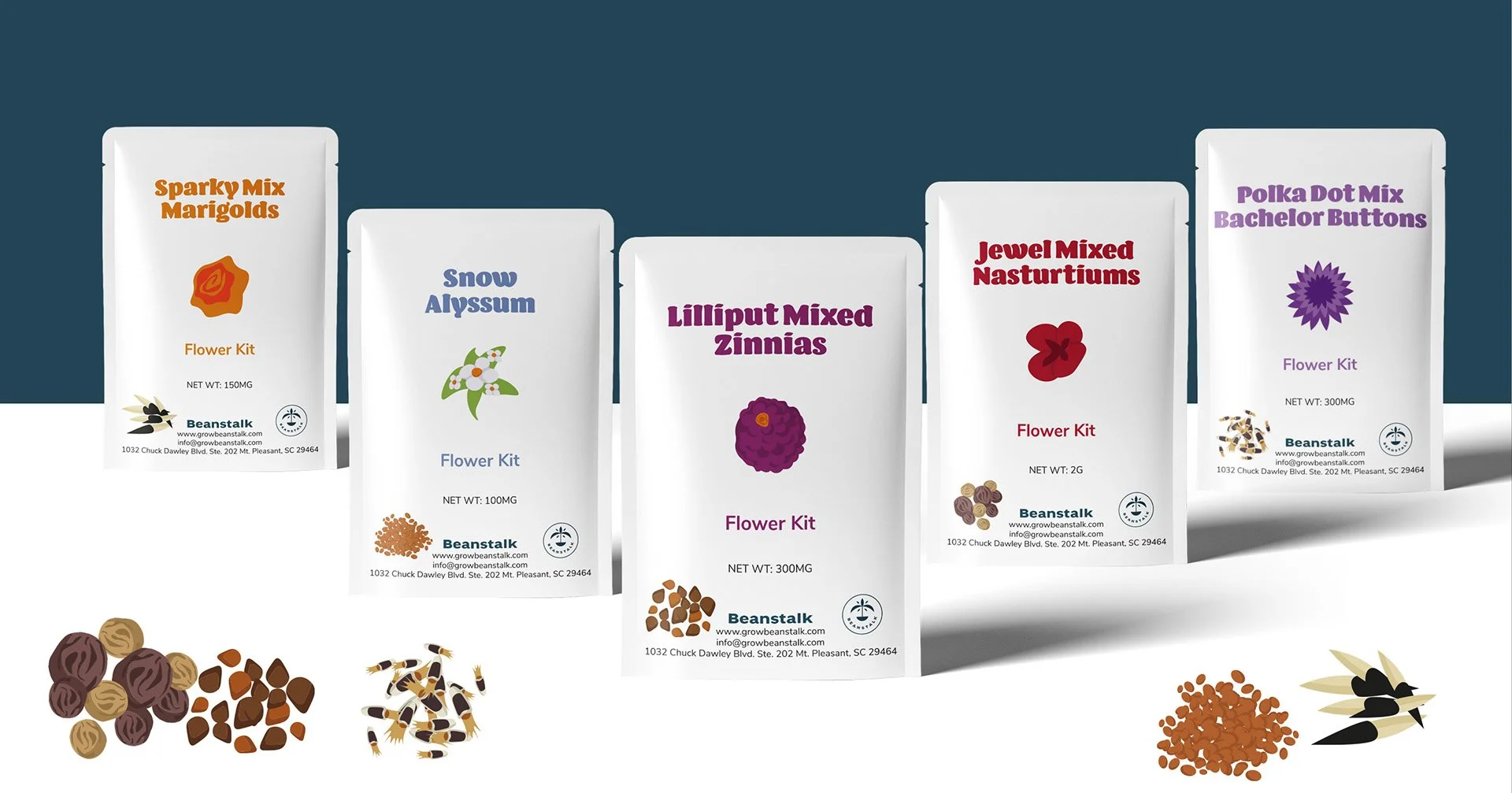 Flower Seed Kit Packaging

Packaging designed for Beanstalk's flower seed collection, featuring original botanical illustrations, vibrant colors, and a friendly visual identity that encourages customers to discover the joy of growing flowers at home.