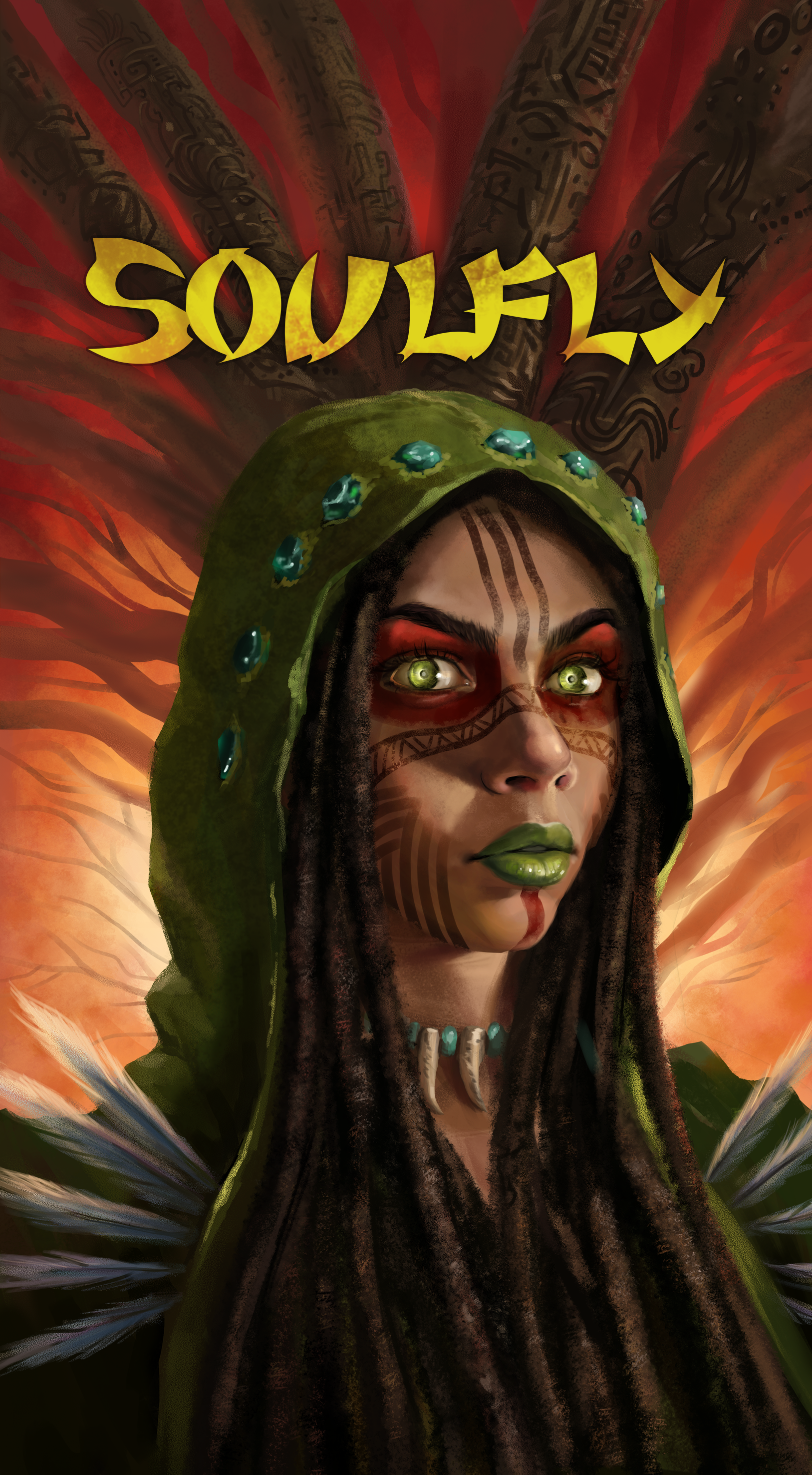 Key Visual - The central illustration created for the Soulfly Healer brand features a native woman portrayed as a spiritual healer. Inspired by Mayan traditions and Brazil's Indigenous cultures, the artwork combines ceremonial face painting, traditio