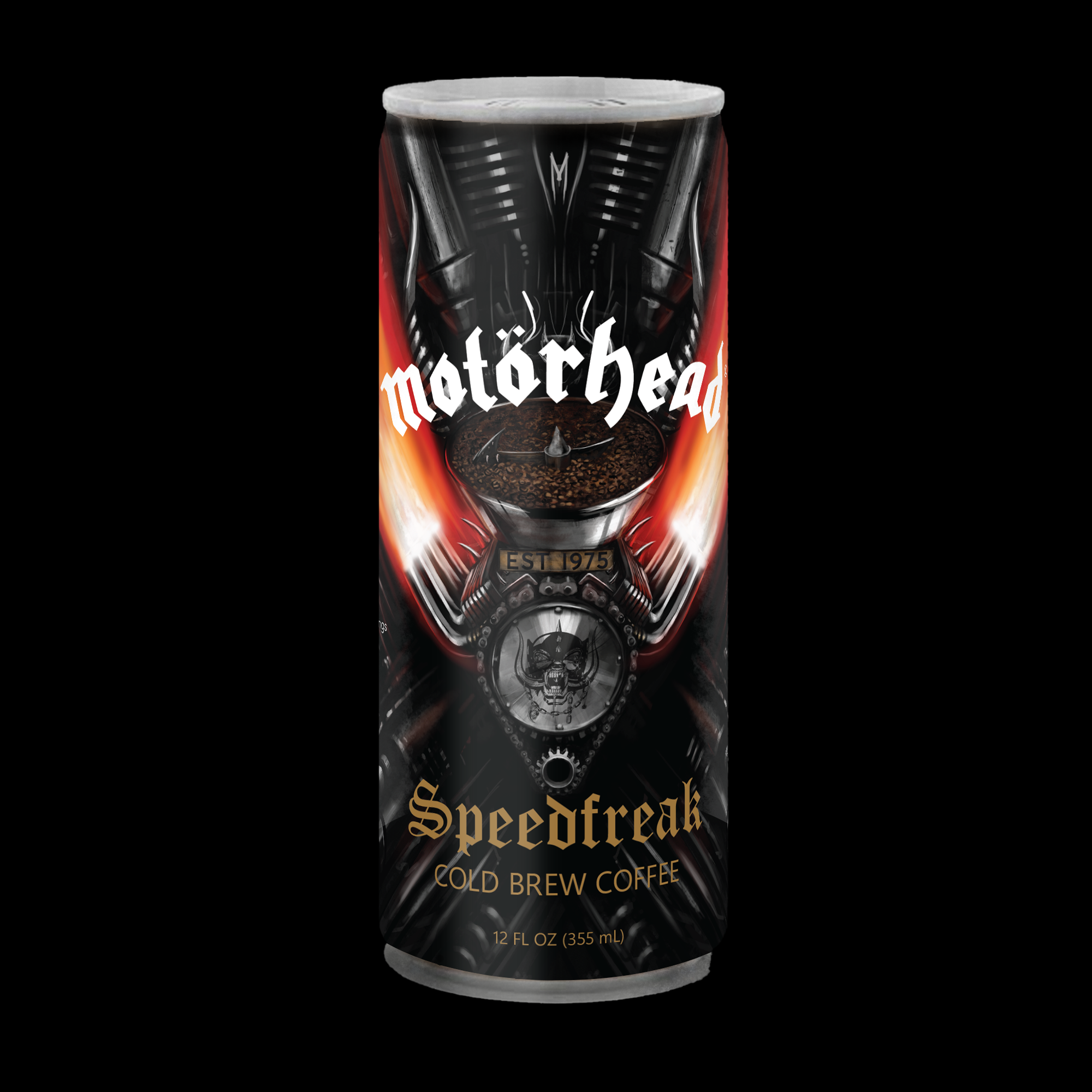 Branded coffee can concept designed to maintain a consistent visual identity across the product line while reinforcing the Motörhead aesthetic.