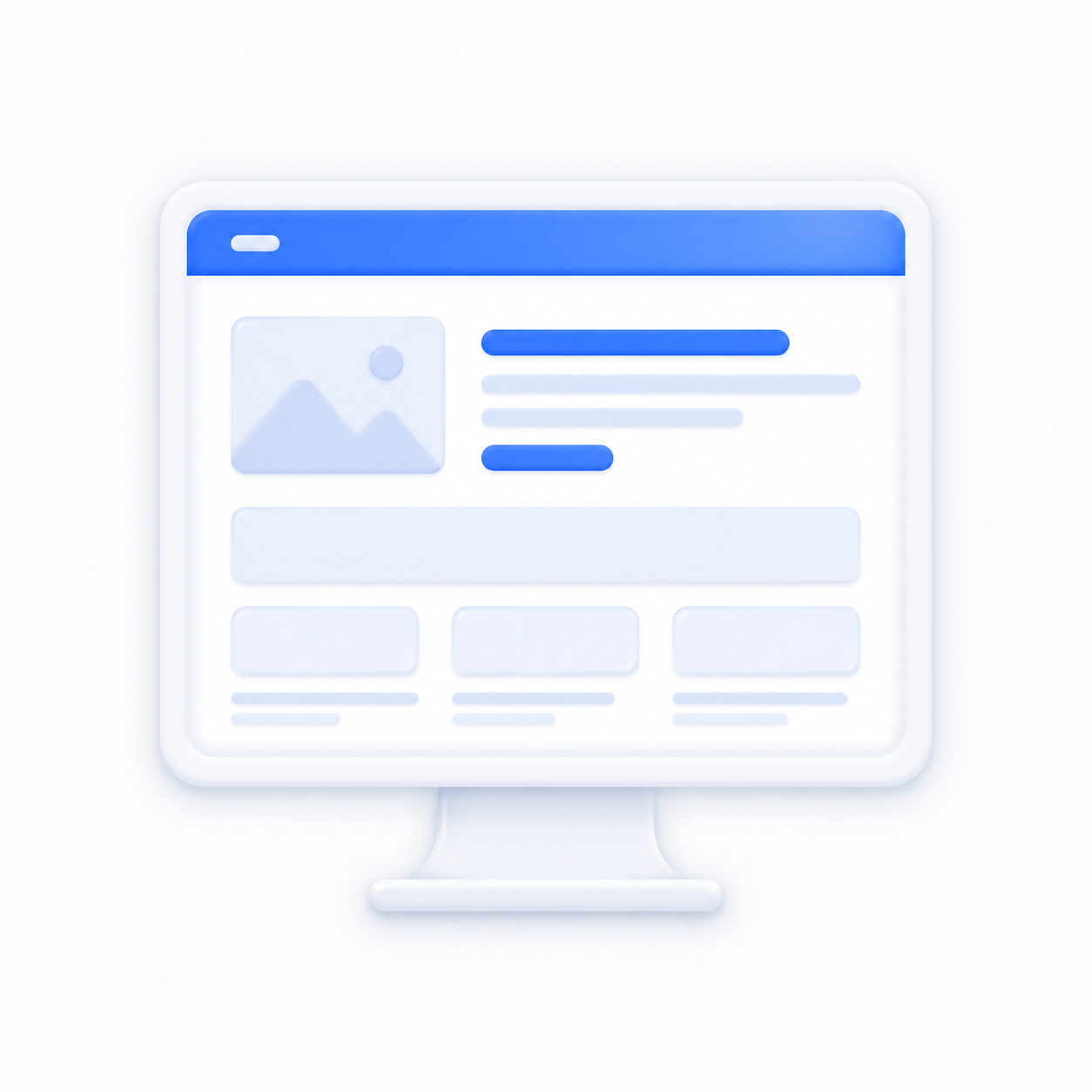 Abstracte illustratie van een computerscherm met een website-ontwerp, inclusief een afbeelding, tekstlijnen en knoppen in blauw en wit