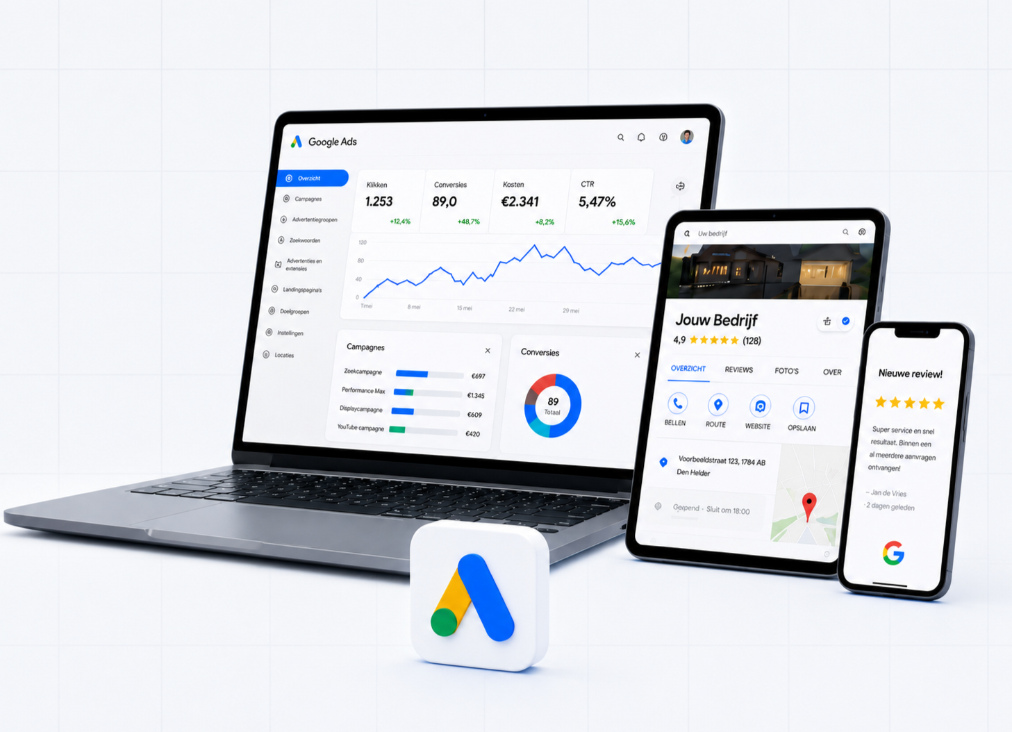 Een laptop en twee smartphones die Google Ads en bedrijfsinformatie tonen, met een Google Ads-logo op de voorgrond.