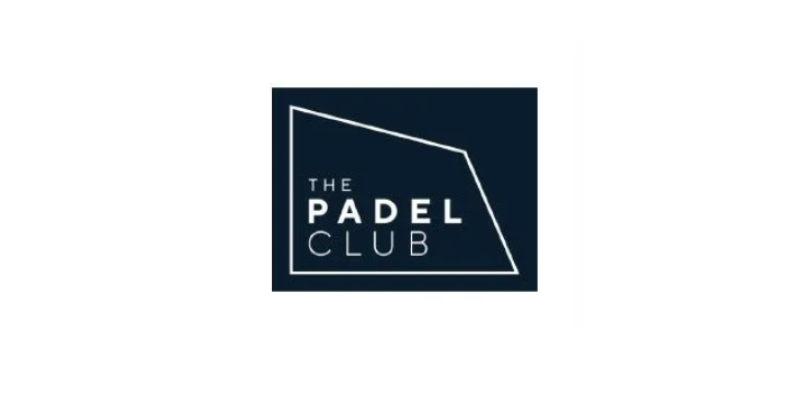 Logo for The Padel Club with a dark background and a white outline of a rectangle and a slanted line.