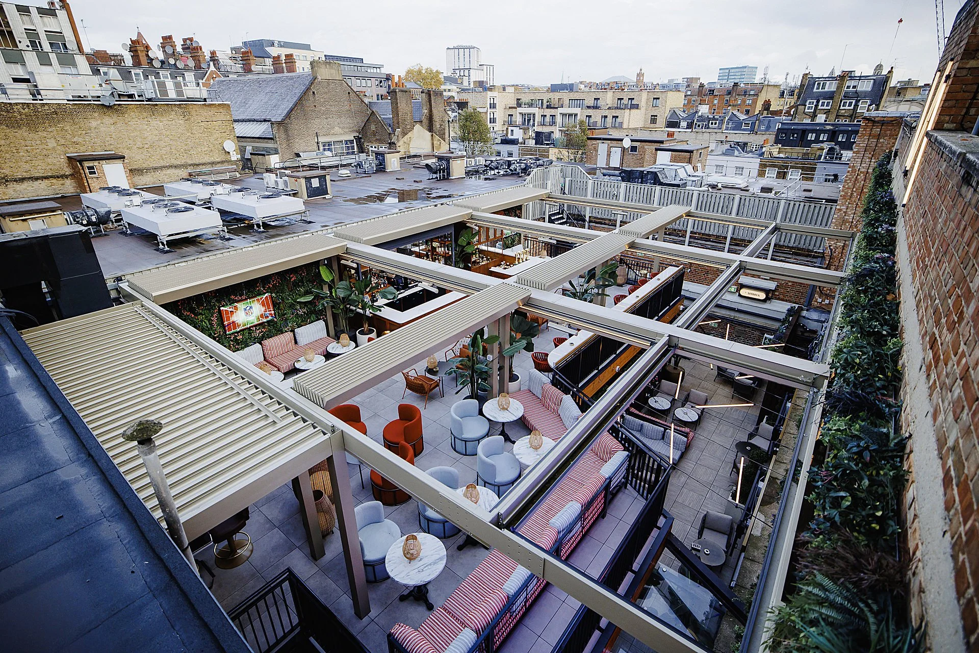 Wide birds-eye-view of outside seating and area