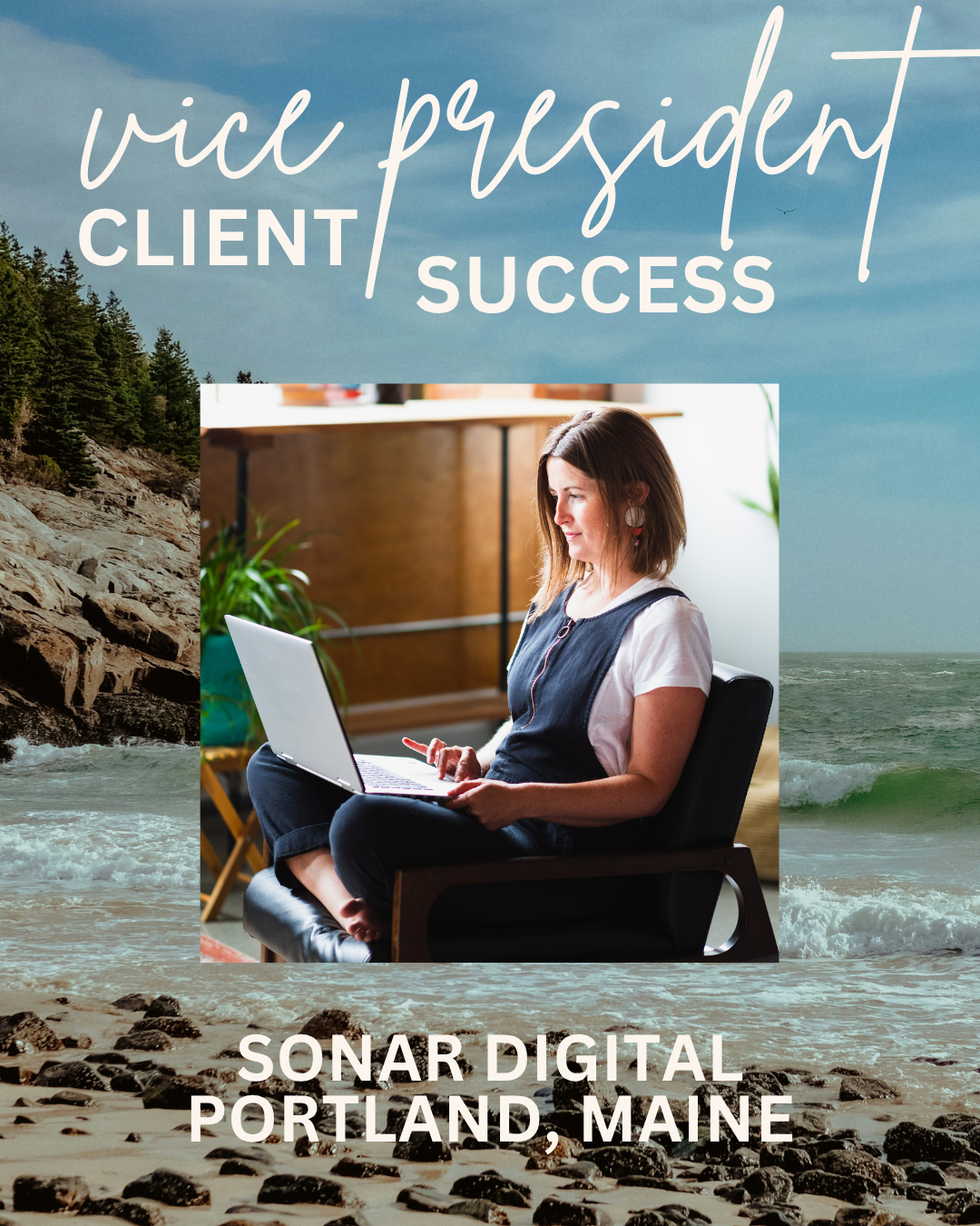 A promotional poster featuring a woman working on a laptop indoors, with a natural coastal background of rocks, water, and trees in the design.