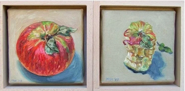 'APPLE BEFORE AND AFTER' (oil on canvas)