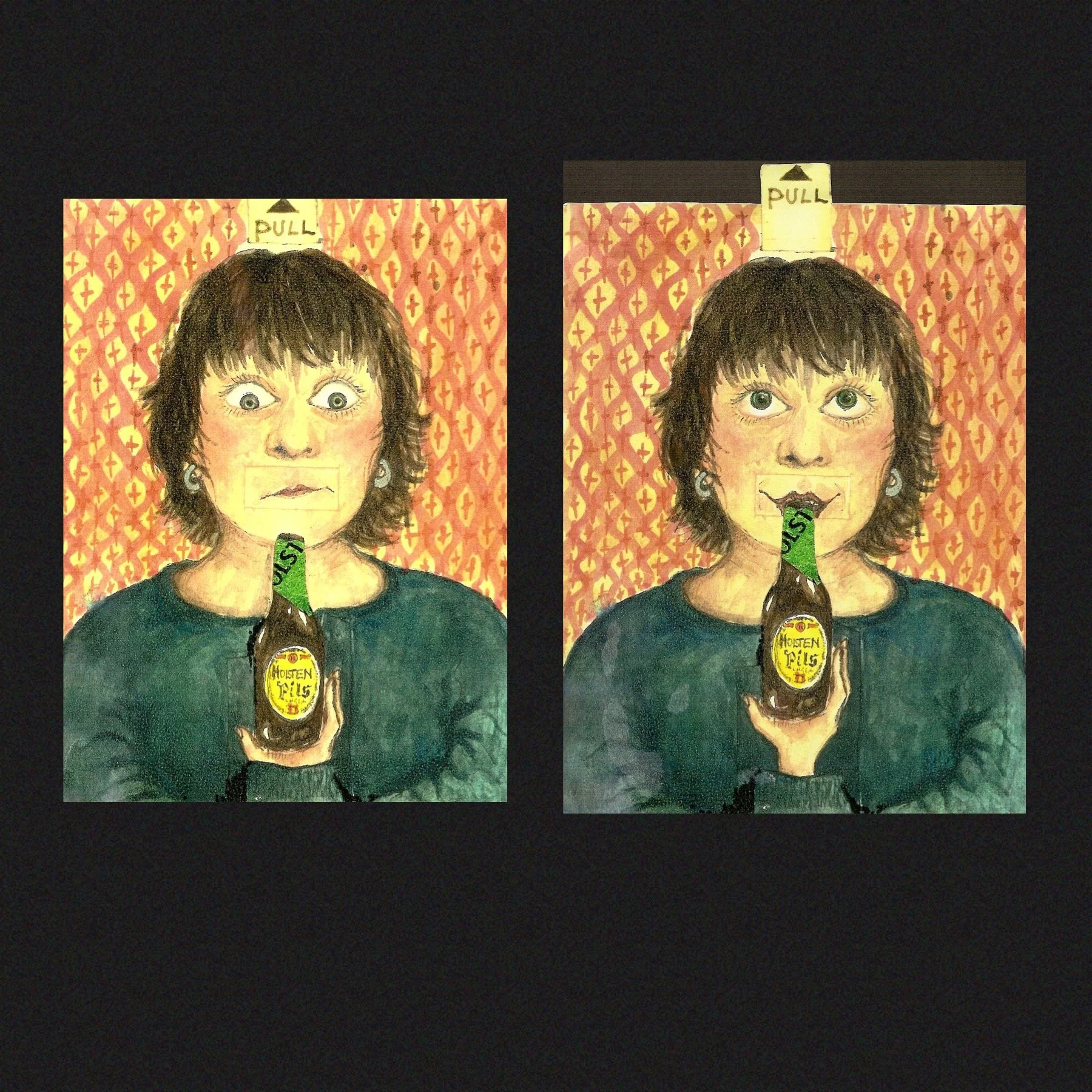 'KATHY WITH A PILS' (watercolour, pop-up card)