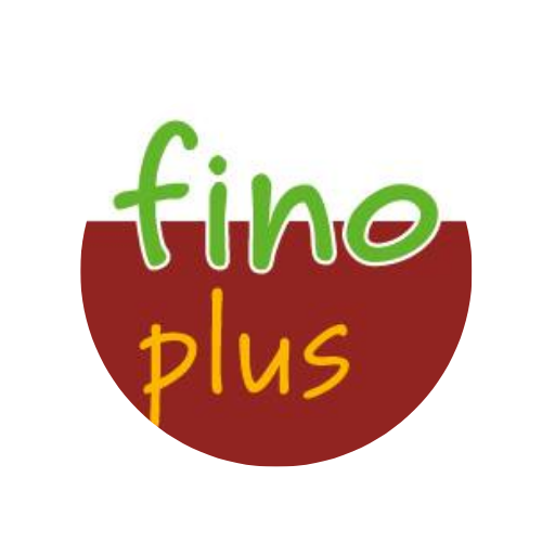 Logo mit grünen Buchstaben "fino" und gelbem Buchstaben "plus" auf braunem Hintergrund