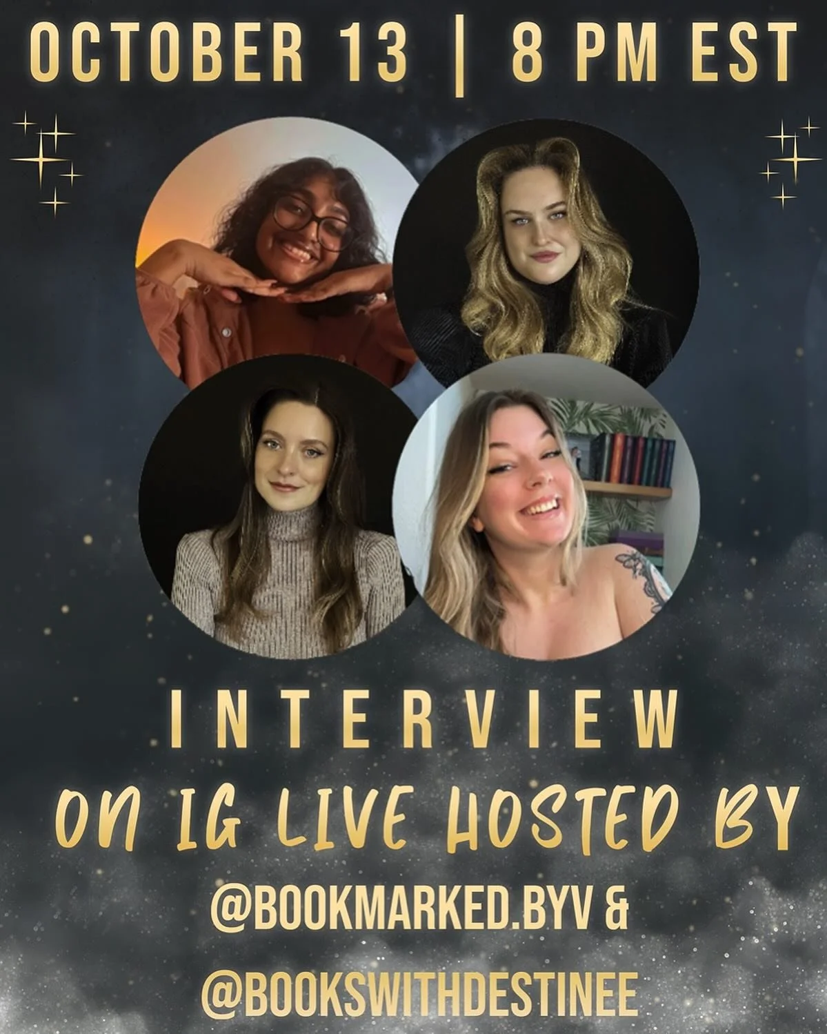 Ahhh mark your calendars!! We&rsquo;ll be going live with the lovely @bookmarked.byv and @bookswithdestinee on October 13!