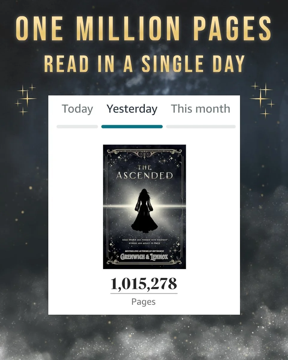 A few more fun updates now that The Ascended has been out for a little over a week. We hit a milestone we honestly never thought we would - a million page reads in a single day from one book.

All of this is so surreal and I wish I had it in me to wr