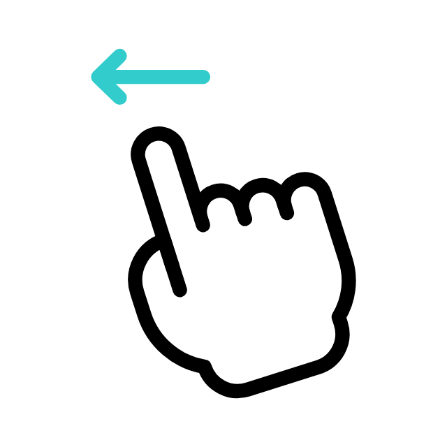 A black outline of a hand with a finger pointing upward, and a blue left arrow pointing to the left, indicating a left swipe gesture.