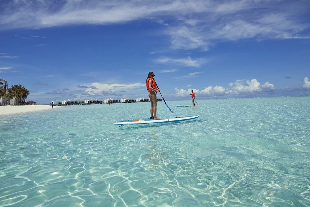 People paddleboarding in clear, shallow water near a sandy beach with palm trees and a city skyline in the background under a partly cloudy sky.
