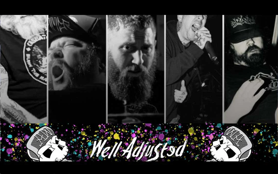A collage of five people with artistic or rock style, with a colorful splatter background at the bottom, featuring the text 'Well Adjusted' and images of microphones on both sides.