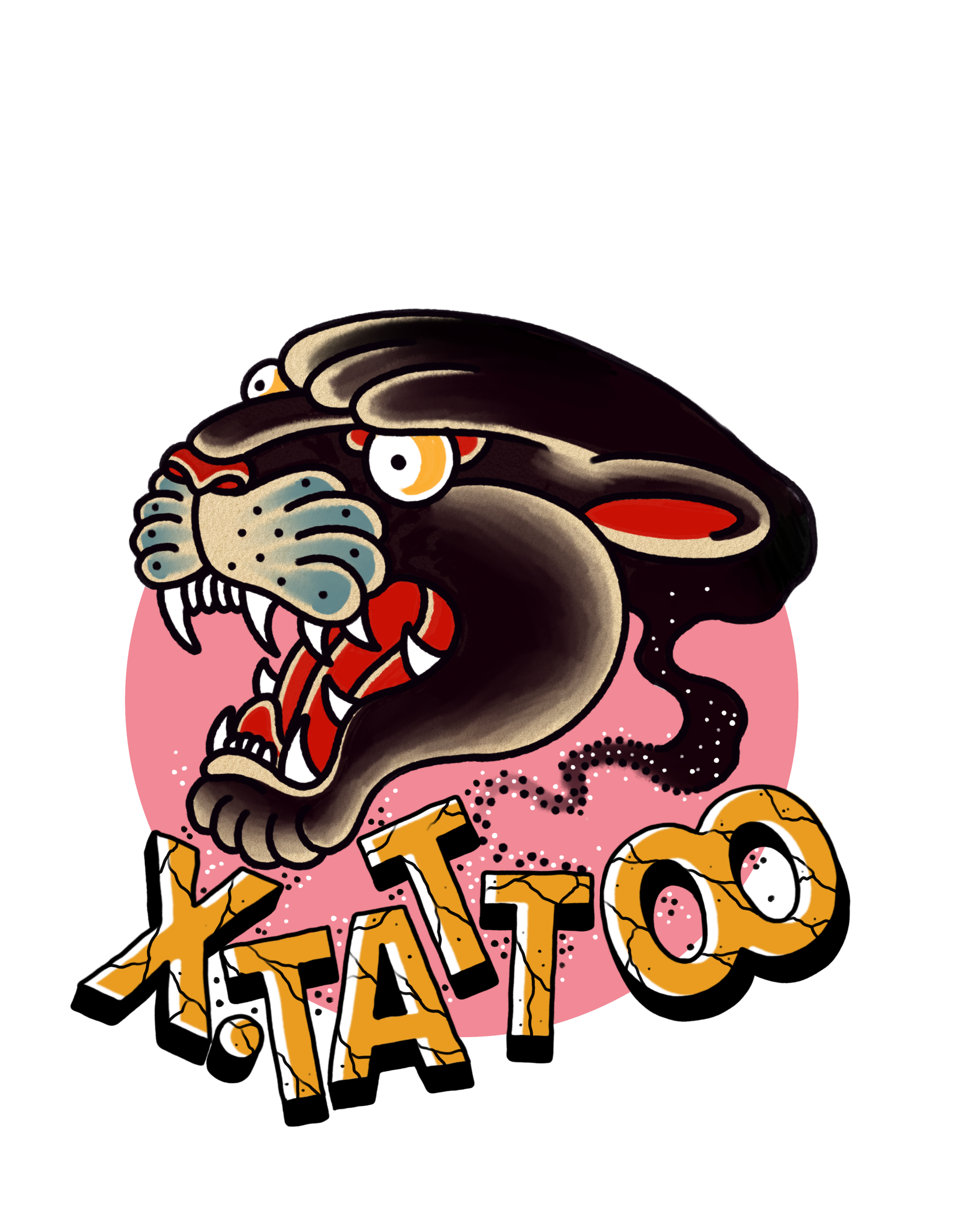 A stylized illustration of a dragon's head with sharp teeth, fiery eyes, and a pink background. Below, the word 'K. Taito' is written in jagged, cracked yellow lettering.