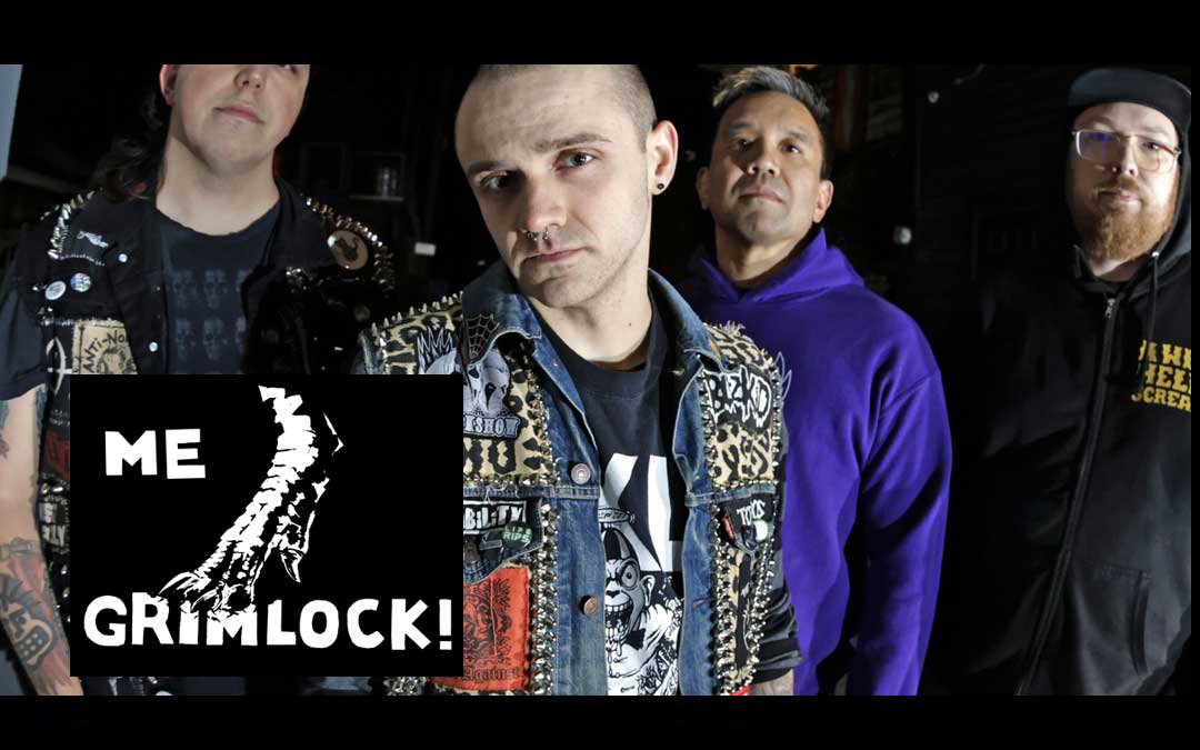 Four men standing together in dark background, with a graphic overlay that has a dinosaur skeleton and the text 'ME GRIMLOCK!'