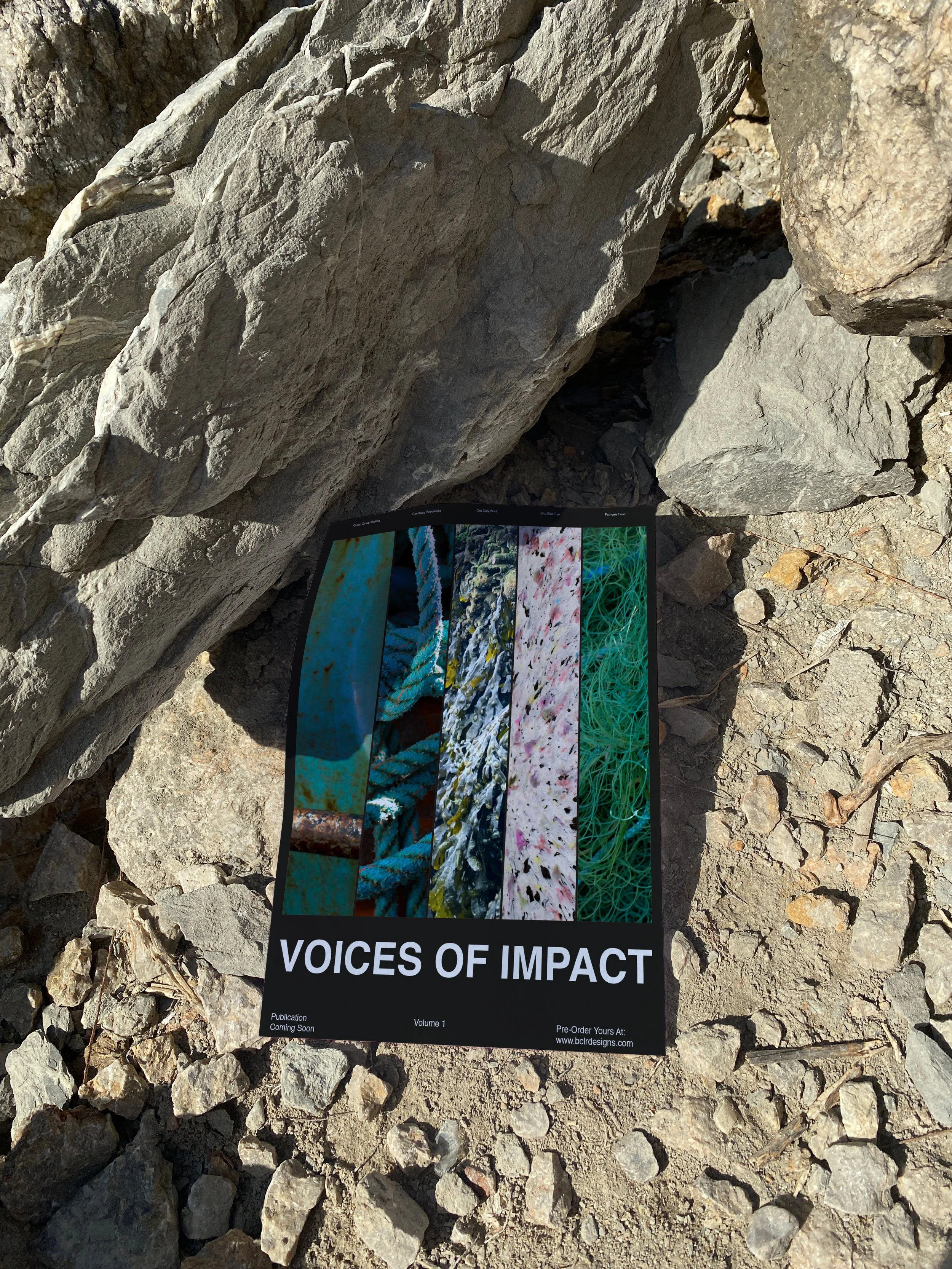 Voices Of Impact poster mock-up on rocky landscape, created by BCLR design studio.