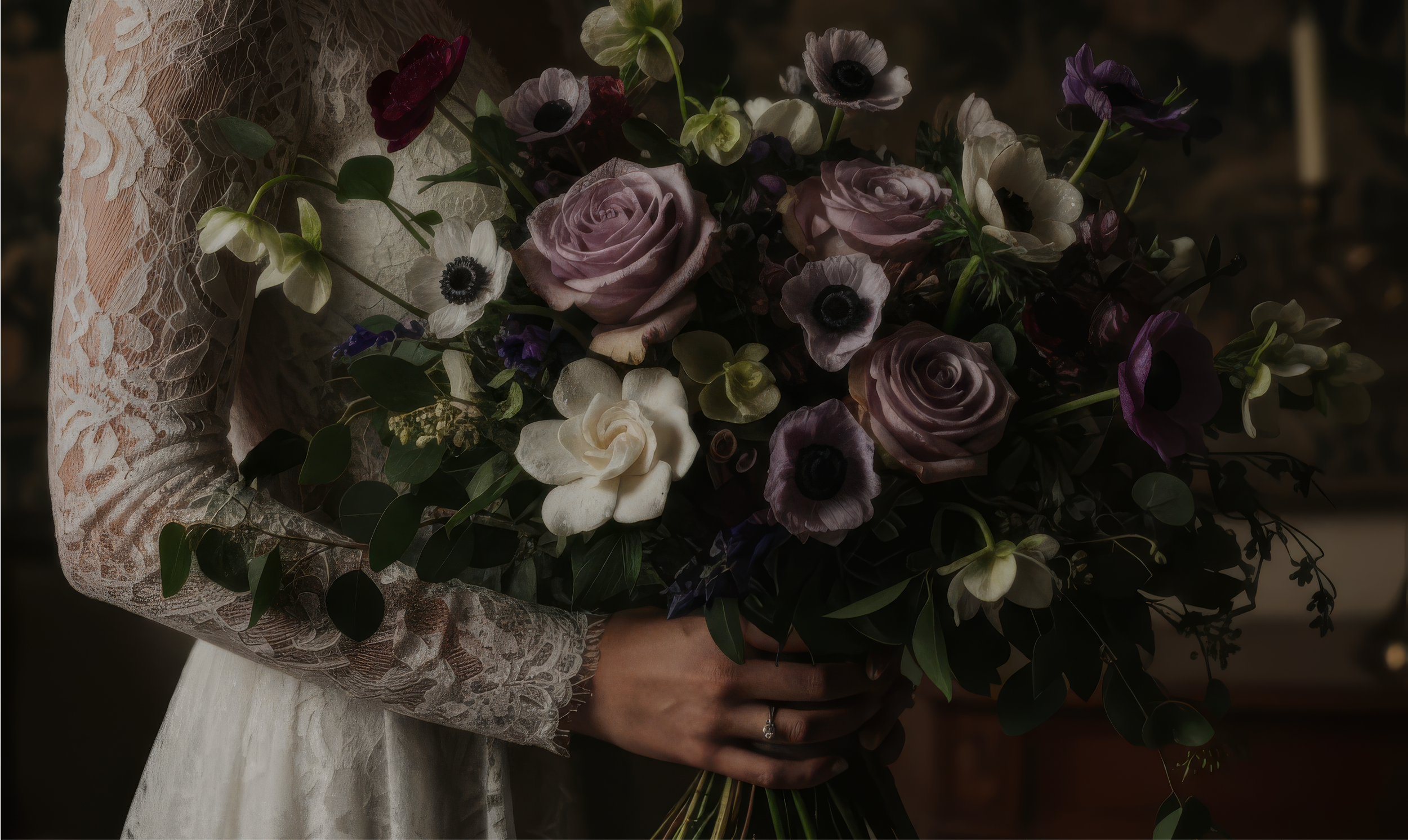 Hero image featuring a luxury wedding bouquet for Luxe Flowers brand identity, designed by BCLR.