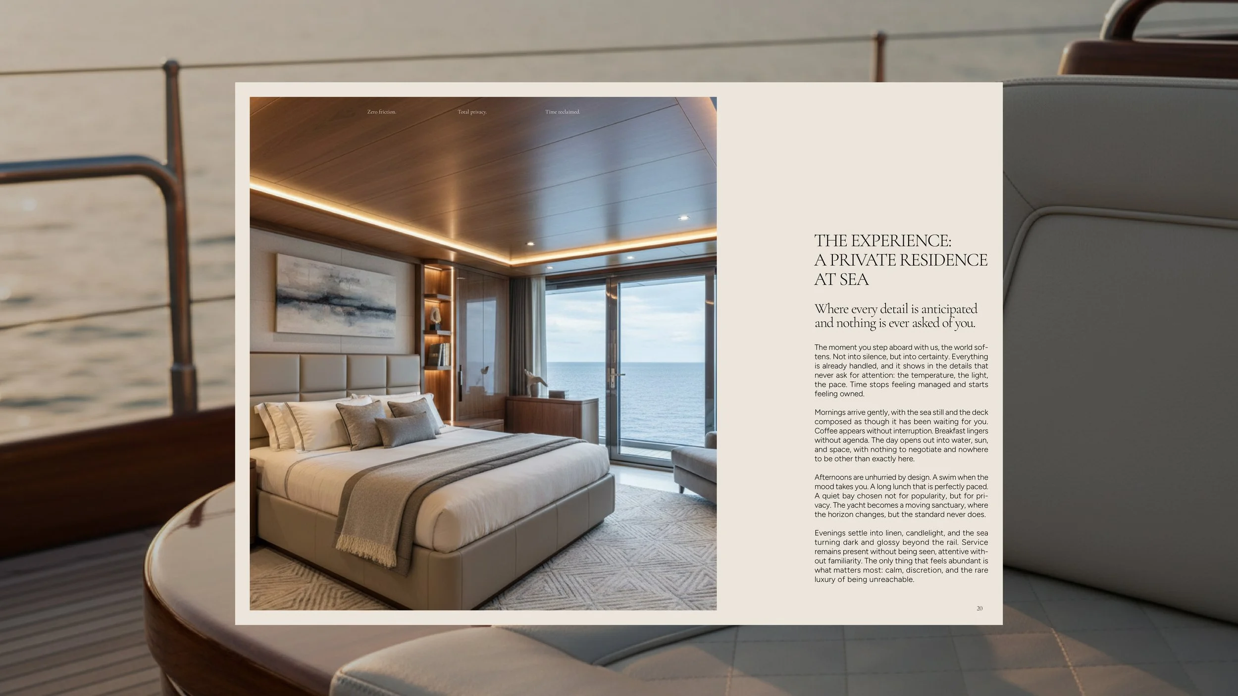 Editorial spread showcasing the private residence at sea experience for The Art Of The Charter luxury yacht charter brochure designed by BCLR.