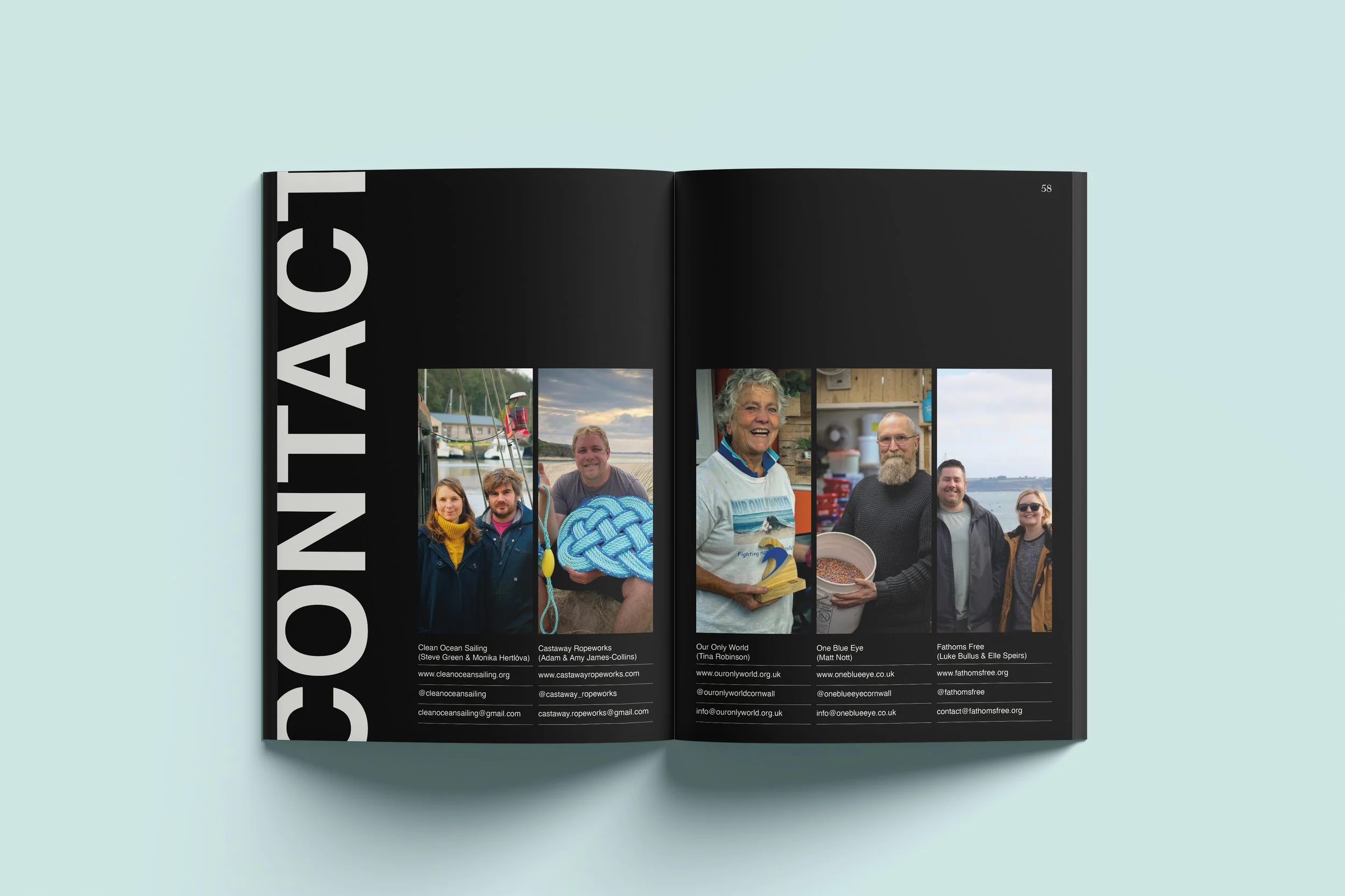 Contact spread layout for Voices Of Impact publication designed by BCLR.