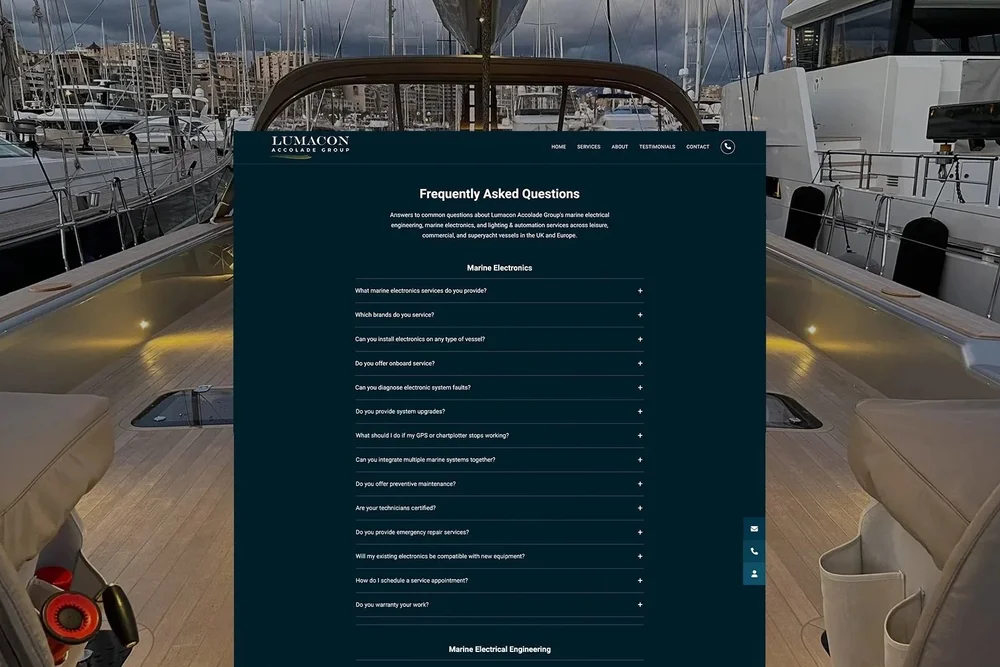 Lighting and automation FAQ page on the Lumacon Accolade Group website, designed by BCLR