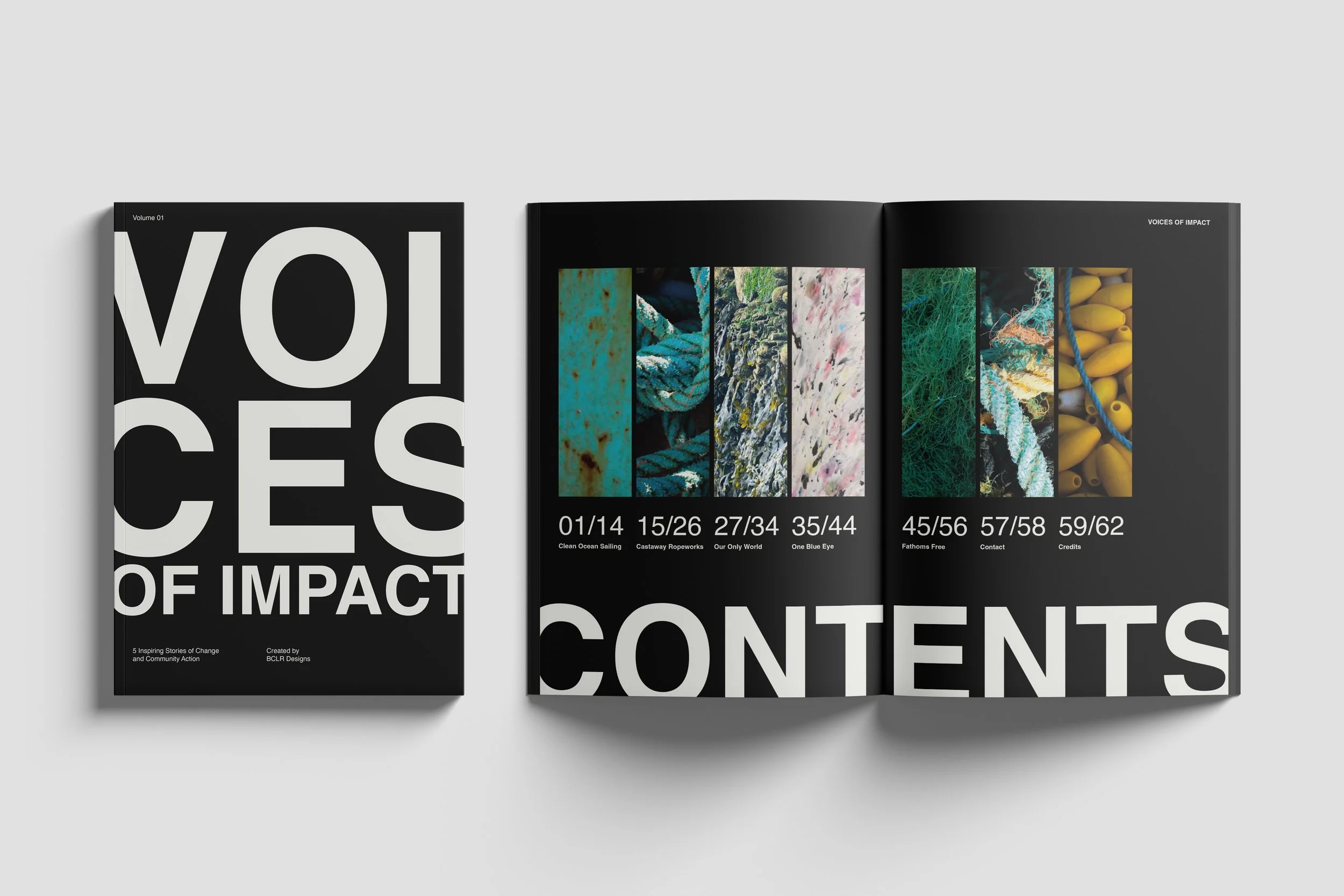 Cover and contents spread design for Voices Of Impact publication created by BCLR design studio.