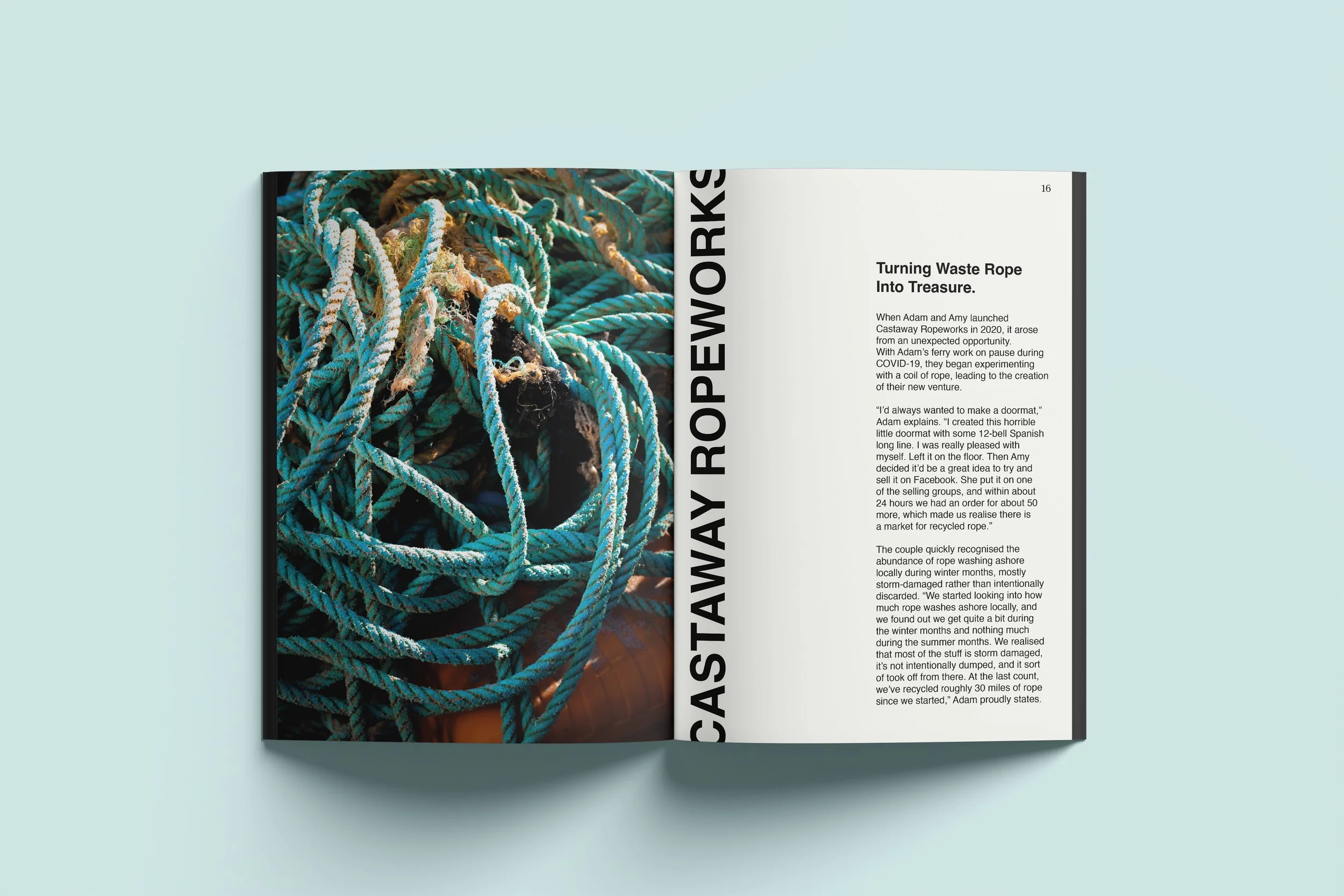 Hero editorial spread design for Voices Of Impact publication featuring Castaway Ropeworks, created by BCLR.