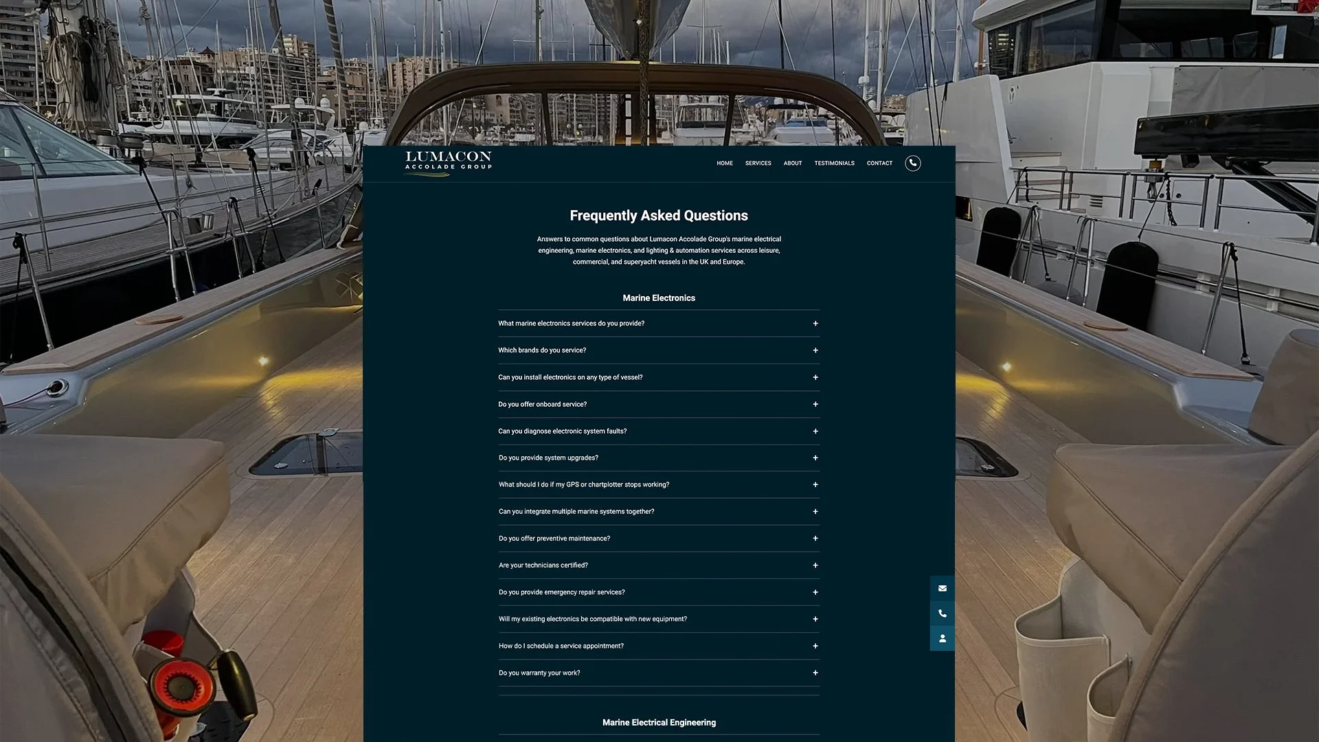 Frequently Asked Questions page covering marine electronics services for Lumacon Accolade Group, designed by BCLR.