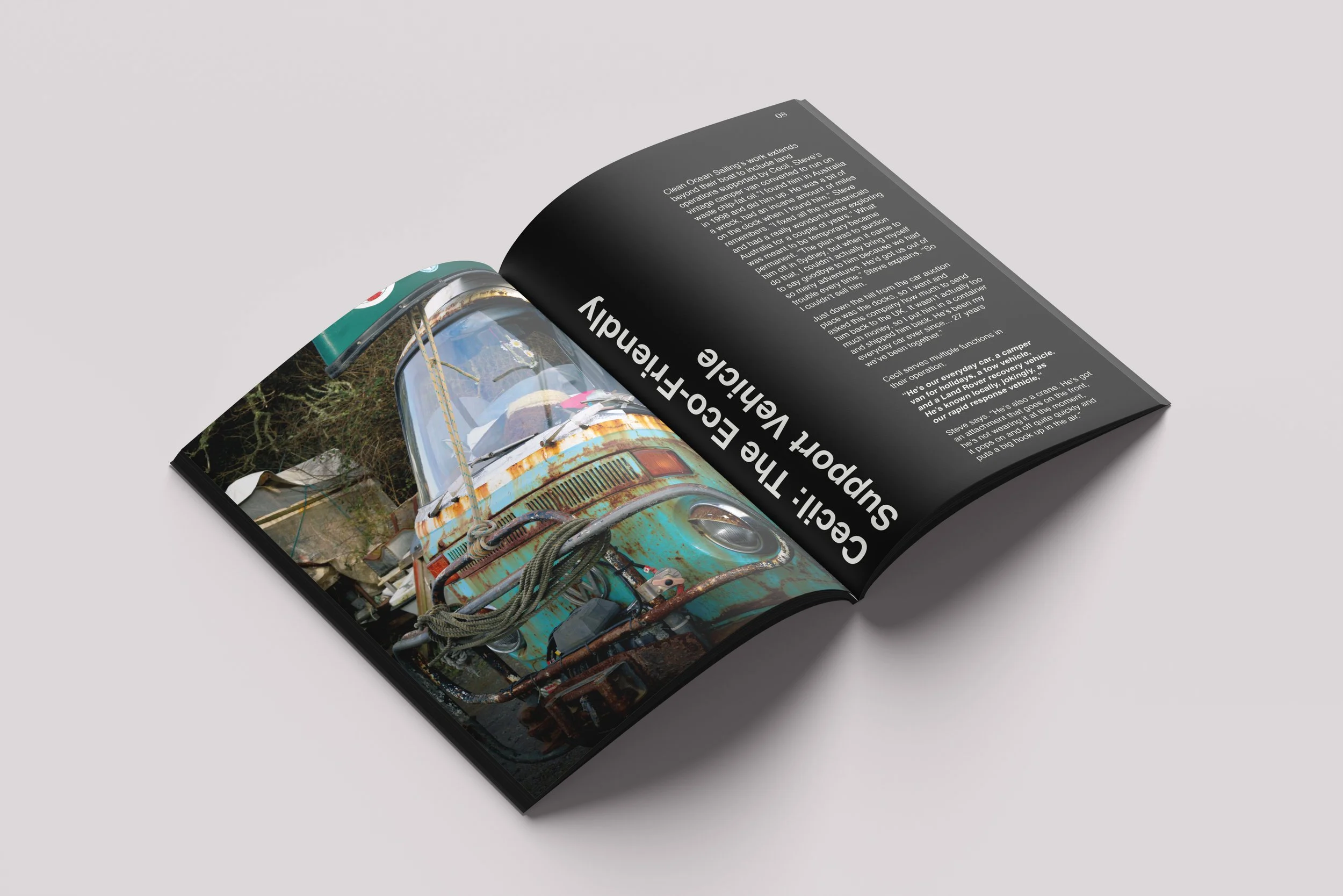 Editorial spread layout for Voices Of Impact publication featuring Cecil the eco-friendly support vehicle, designed by BCLR.