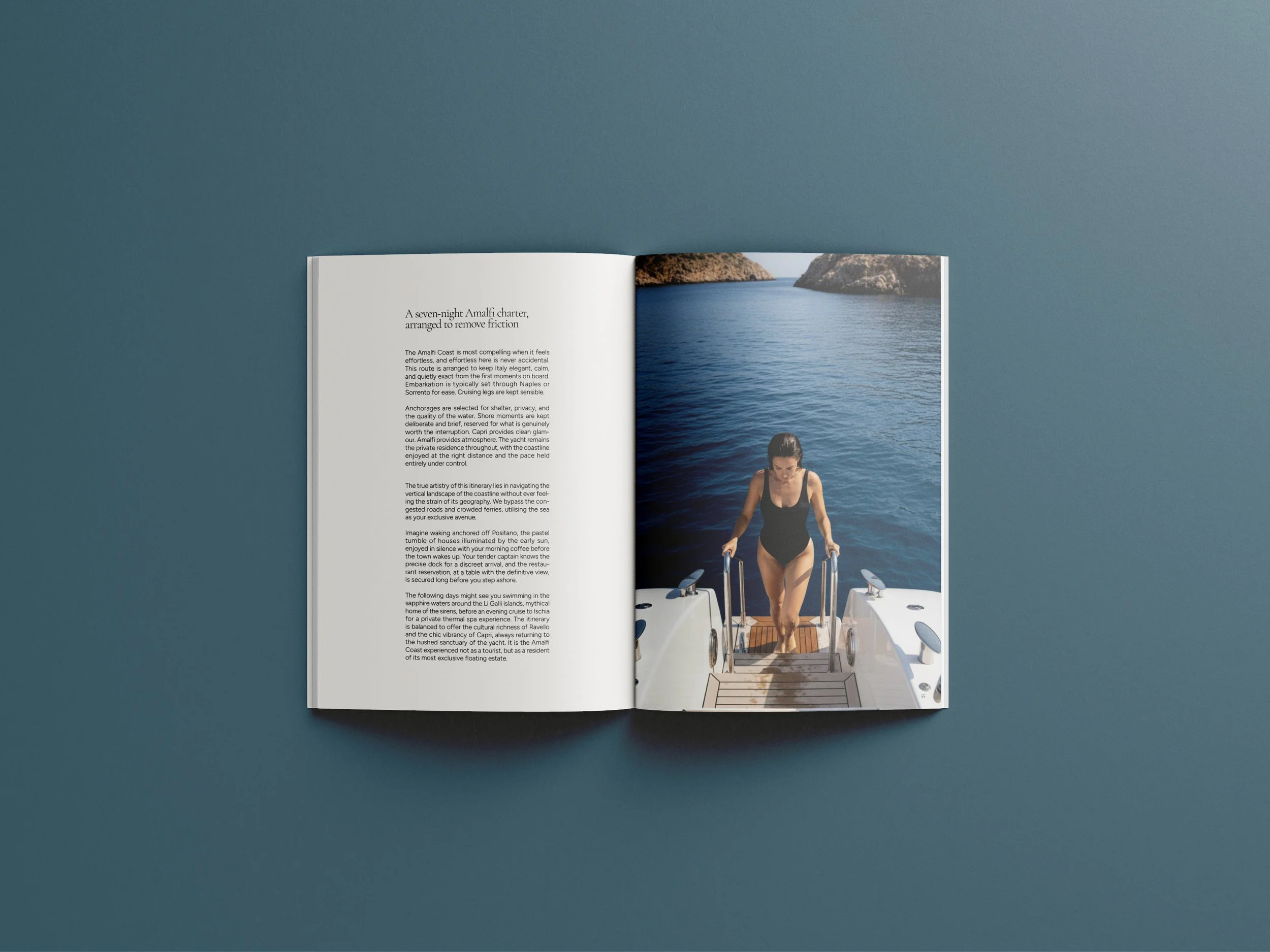 Editorial spread featuring a woman on a yacht in Italy’s Amalfi Coast for The Art Of The Charter luxury yacht brochure designed by BCLR.