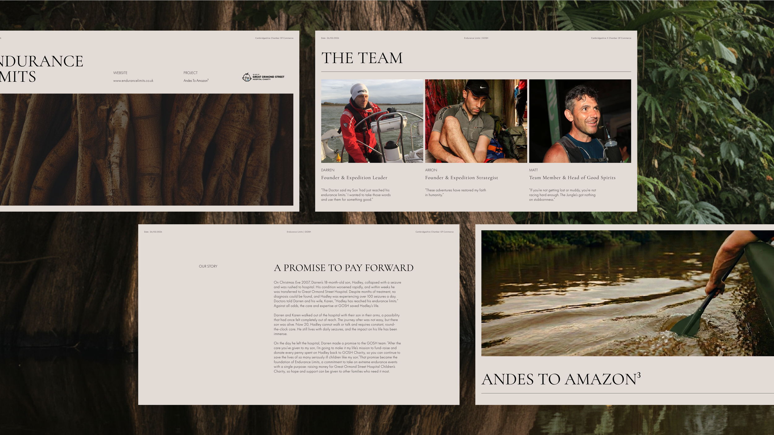 Pitch deck for Endurance Limits in aid of GOSH, featuring luxury branding, website design, and team profiles by BCLR luxury design studio.