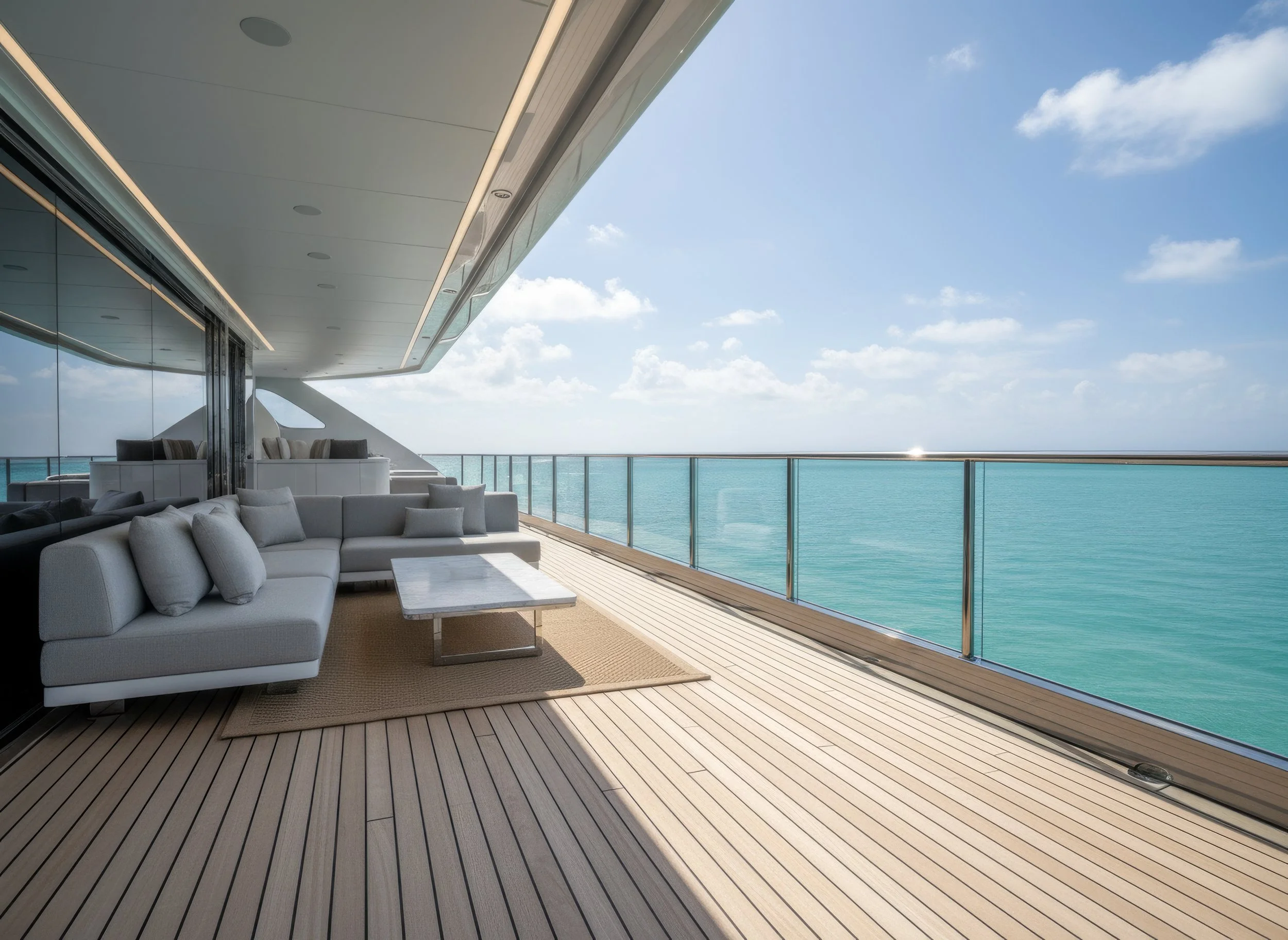 Exterior deck view in the Bahamas for The Art Of The Charter luxury yacht brochure designed by BCLR.