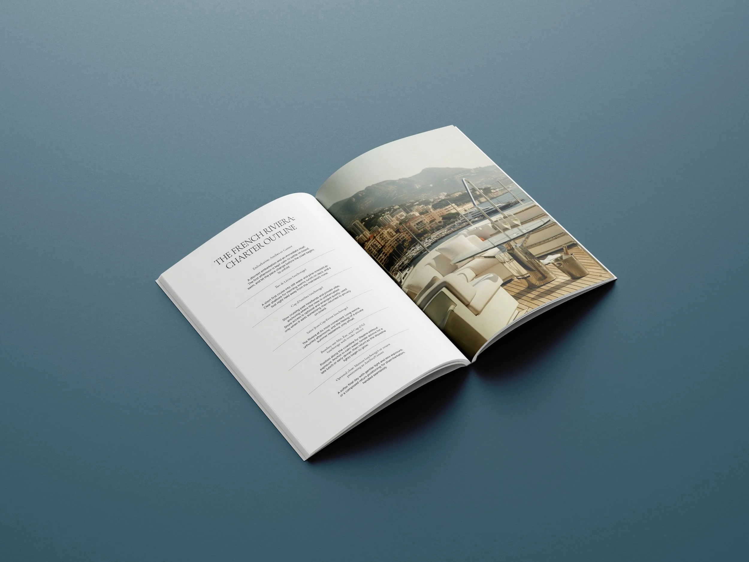 Editorial spread featuring the French Riviera for The Art Of The Charter luxury yacht brochure designed by BCLR.