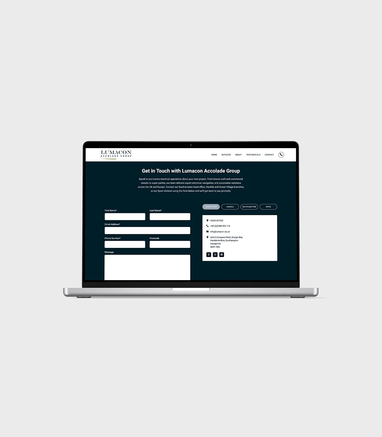 Contact page design shown on a laptop for the Lumacon Accolade Group marine electrical website by BCLR.