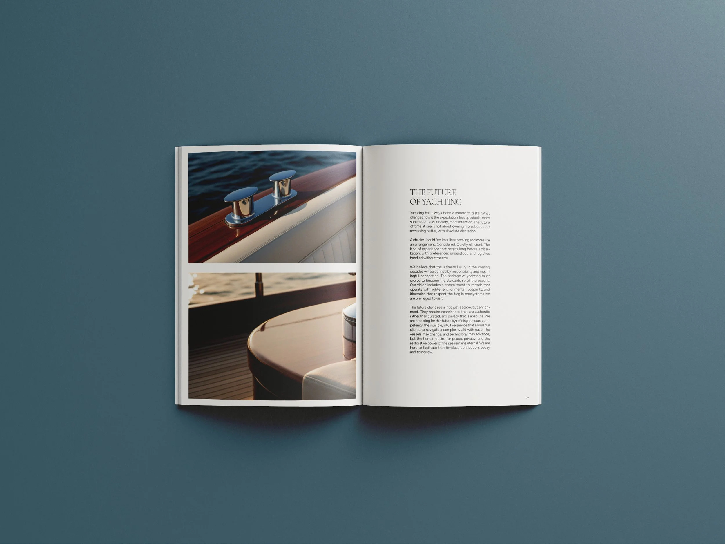 Editorial spread on the future of yachting for The Art Of The Charter luxury yacht charter brochure designed by BCLR.