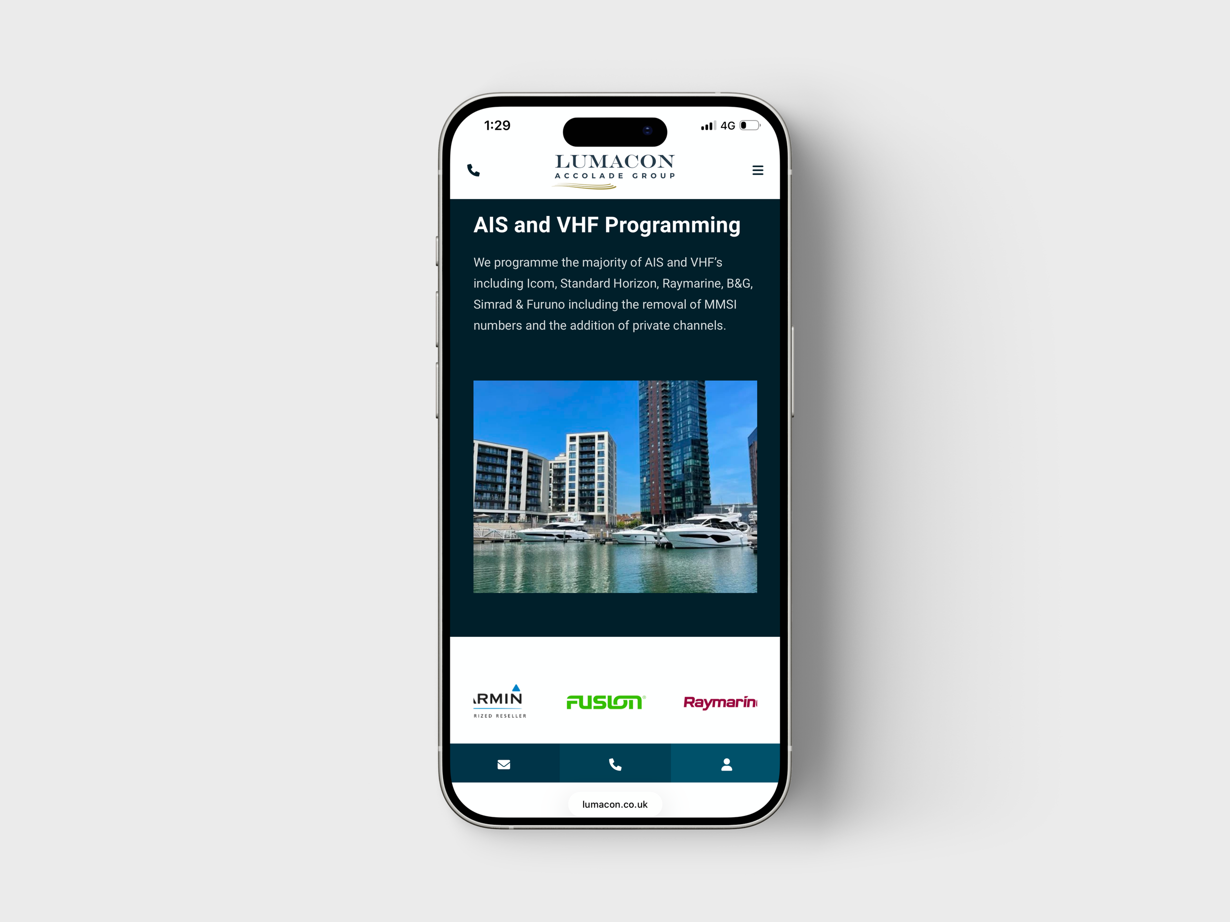 AIS and VHF programming service page on mobile for Lumacon Accolade Group's marine electronics website by BCLR.