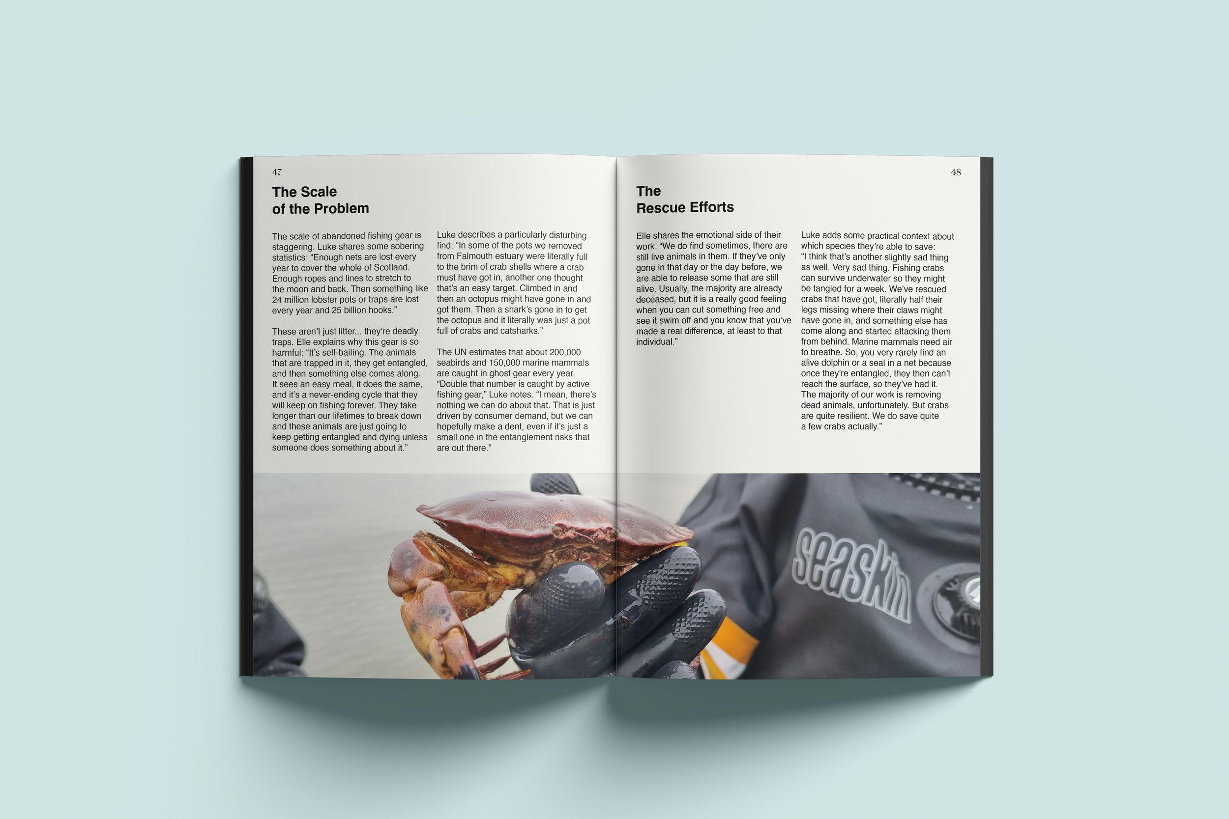 Editorial spread design for Voices Of Impact featuring rescue efforts and crab imagery, created by BCLR.