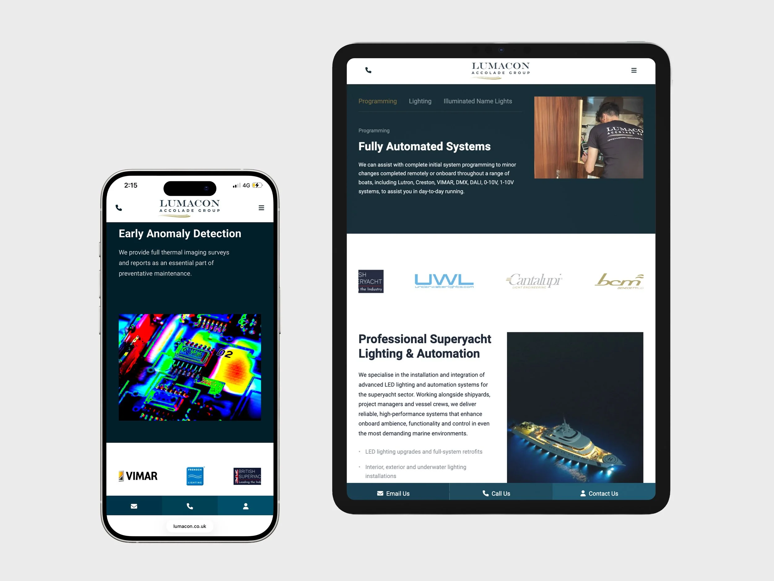 Superyacht lighting and automation service pages on tablet and mobile for Lumacon Accolade Group, designed by BCLR.
