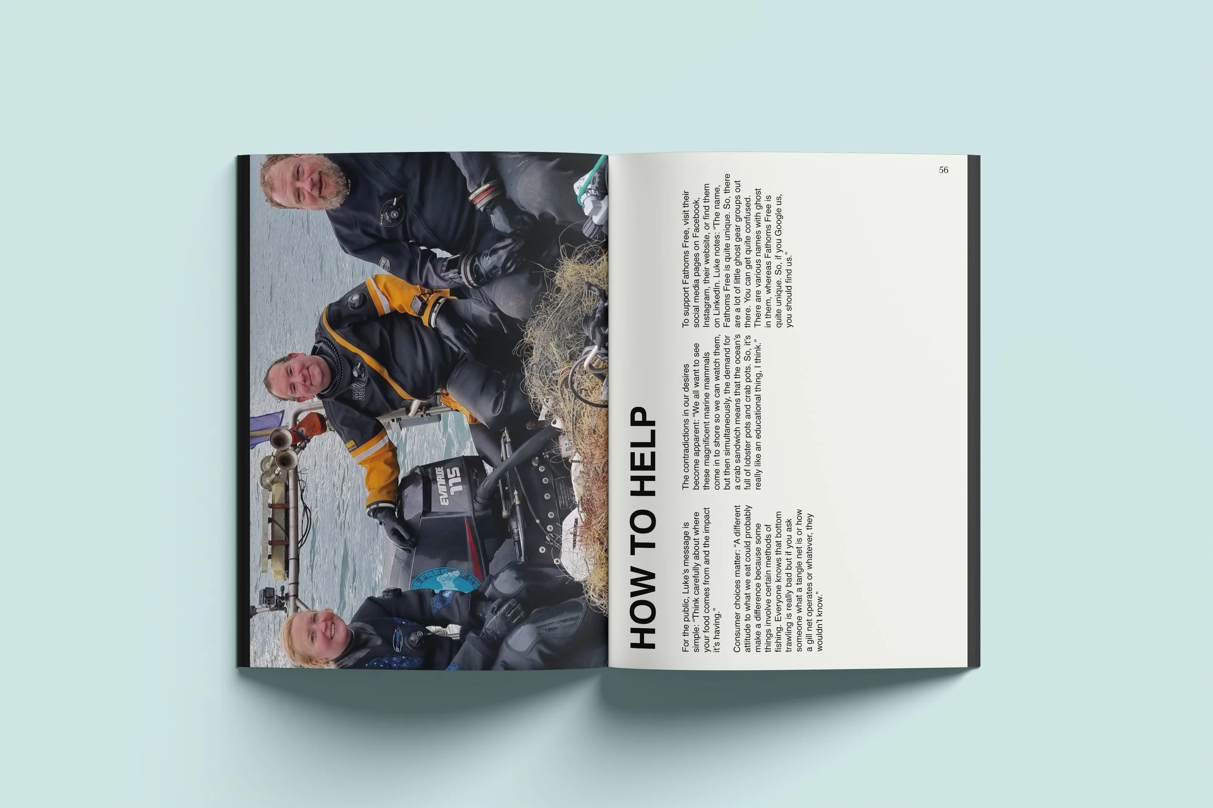 Editorial spread titled “How To Help” for Voices Of Impact publication featuring Fathoms Free, designed by BCLR.