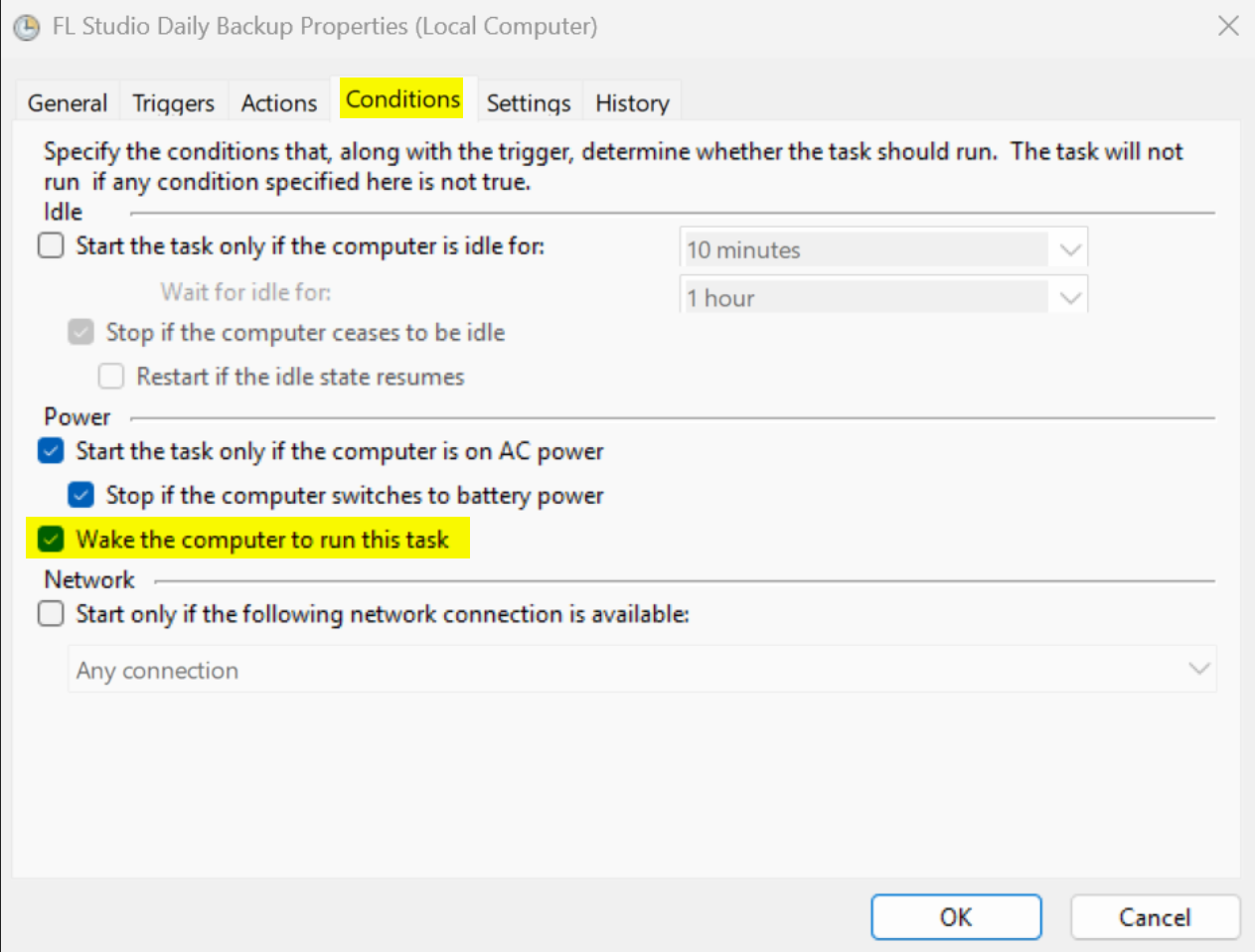 Task Scheduler Conditions: Wake the Computer