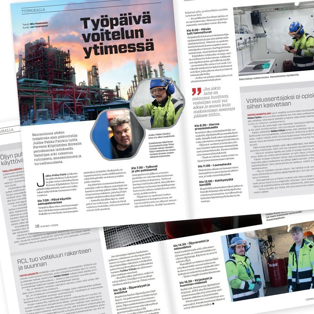 Voitelija on tuotantolaitoksen k&auml;ytt&ouml;varmuuden vastuullinen asiantuntija 👌

Promaint oli mukana seuraamassa yhden ty&ouml;p&auml;iv&auml;n ajan Lubehousen p&auml;&auml;voitelijan Jukka-Pekka Falckin ty&ouml;t&auml; Borealiksen petrokemian 