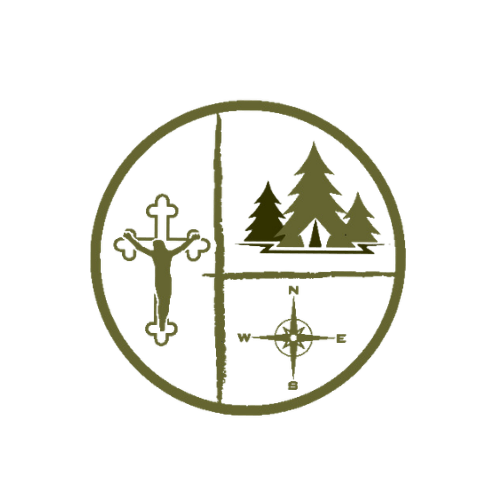 A circular design divided into four sections, featuring a cross with decorative ends, a forest with trees, a camping tent among trees, and a compass, all in an olive green color on a black background.