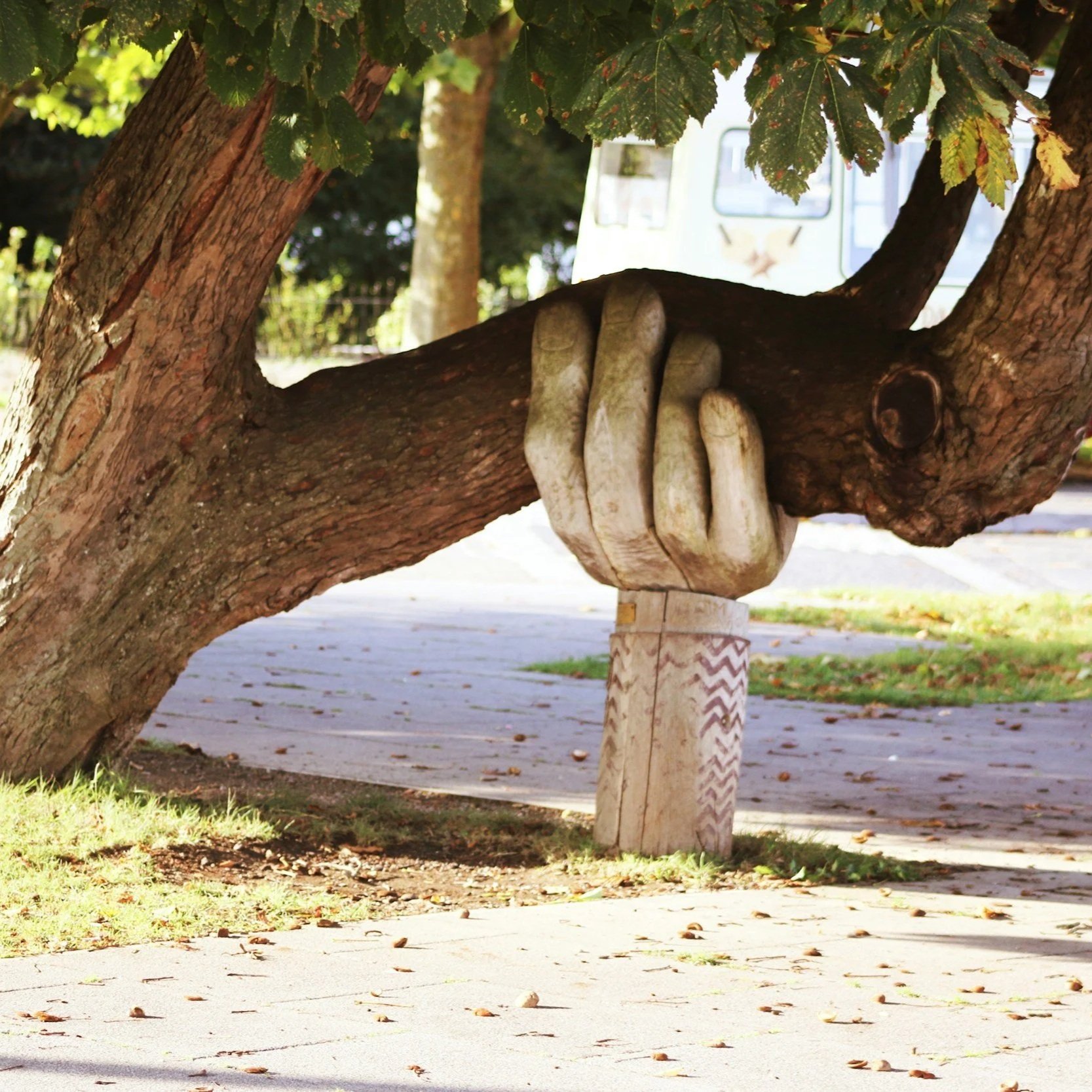 A sculpture of a large hand gripping a tree branch, with a face carved into the base of the sculpture, set outdoors near a sidewalk and grassy area.