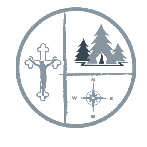A circular emblem divided into three sections: a crucifix, a forest with trees and a tent, and a compass rose indicating north, south, east, and west.