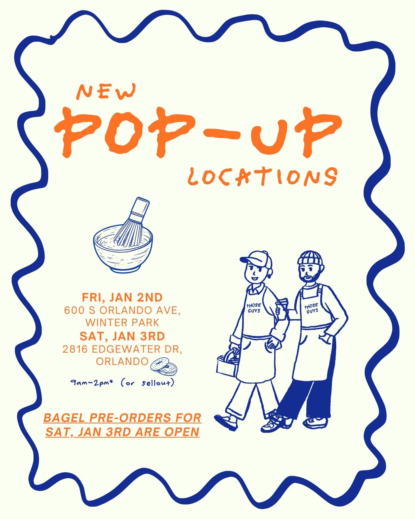 first 2026 locations &amp; bagel pre-orders are live! 🥯

Fri, Jan 2nd:
AT&amp;T, 600 S Orlando Ave, Winter Park 📍 

Sat, Jan 3rd:
@thecouchex, 2816 Edgewater Dr, Orlando 📍 

BAGEL PRE-ORDERS:
Use the link in Bio to place pre-orders 🔗
Pick-up Sat,