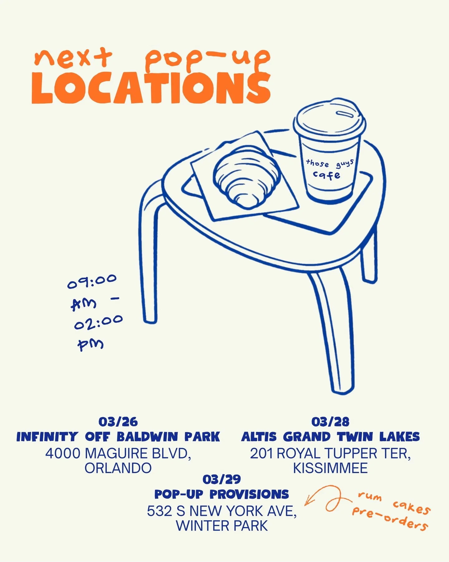 we&rsquo;ve got an exciting week ahead! 👀

Mar, Thur 26th - Back at Baldwin Park.
Mar, Sat 28th - First time at Kissimmee!
Mar, Sun 29th - Winter Park with @popup.provisions + rum cakes preorders! 💙

RUM CAKES 🍰
We teamed up with an incredible bak