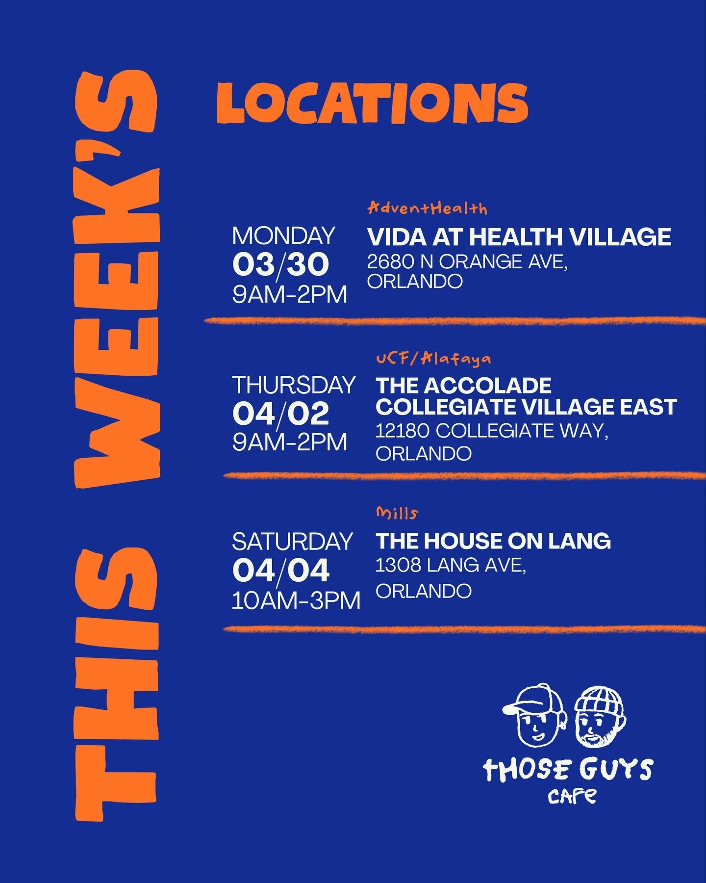 Easter Week Locations are live! 🗓️

Mon 30th - @vidahealthvillage across from AdventHealth
Thur 2nd - @theaccolade_cve by UCF/Alafaya
Sat 4th - @thehouseonlang by Mills

Let&rsquo;s have a good time 💙

.

#orlando #orlandocoffee #orlandolocal #coff
