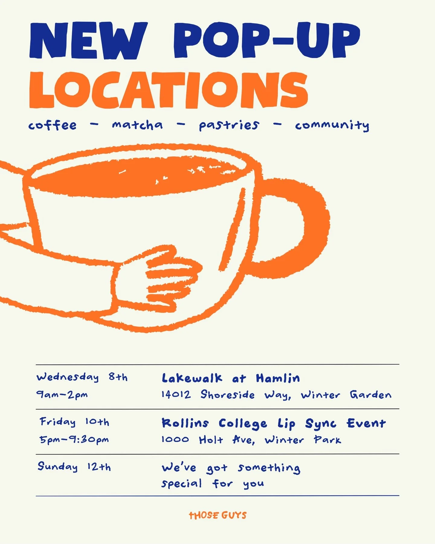 short week but packing a punch 👀

&bull; Wed, April 8th, @lakewalkathamlin, Winter Garden
&bull; Fri, April 10th, @rollinscollege, Lip Sync Event
&bull; Sun, April 12th, something&rsquo;s coming 💙

.

#orlando #orlandocoffee #orlandolocal #coffeetr
