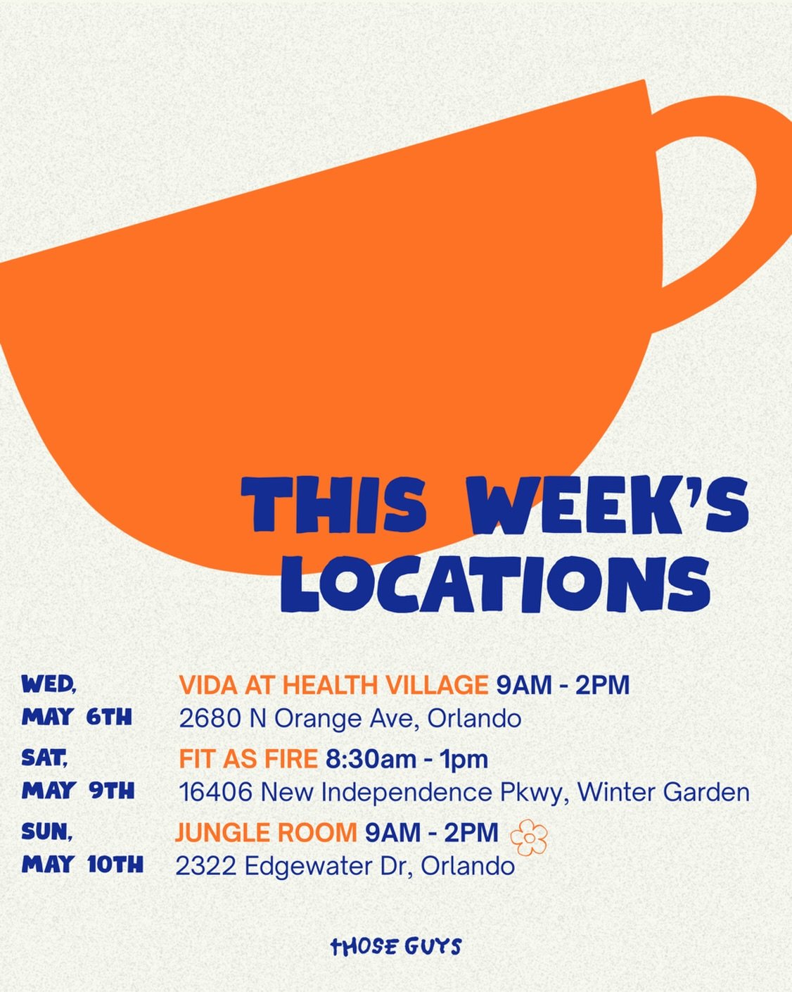 new locations are live! 💙

05/06
&bull; @vidahealthvillage
&bull; Celebrating Nurses Week with AdventHealth

05/09
&bull; @fit_407
&bull; Mother&rsquo;s Day Community Event

05/10
&bull; @jungleroombybwh 
&bull; Mother&rsquo;s Day Treat 🌼 

.

#orl