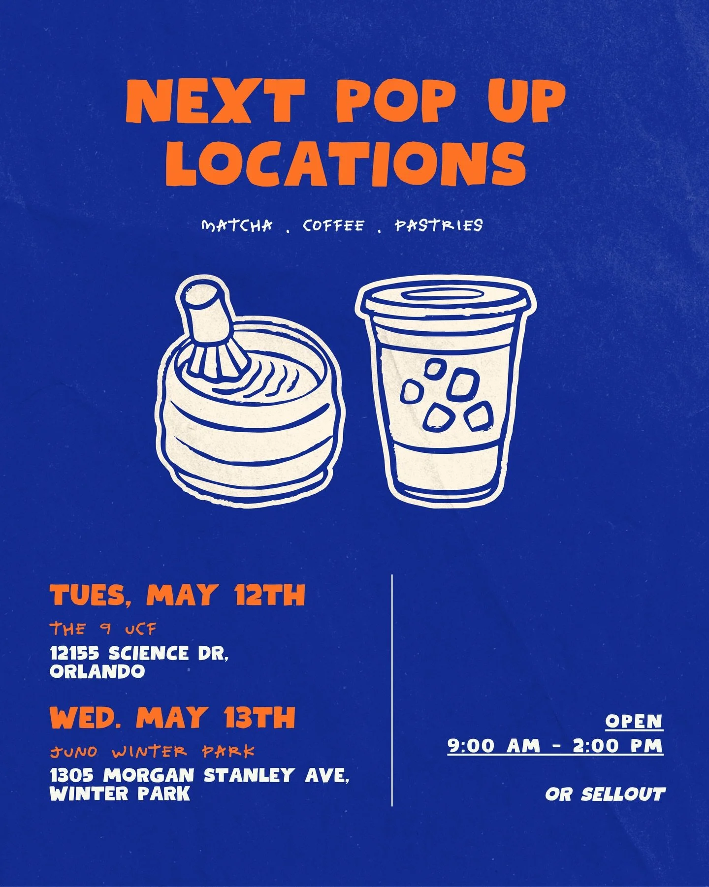 community week ahead 🚐

Tues, May 12th
&bull; @the9centralflorida East / UCF

Wed, May 13th
&bull; @junowinterpark Winter Park

Excited to see you this week!
Spoiler alert: we only have 4 more pop up dates this month 🤫

.

#orlando #orlandocoffee #