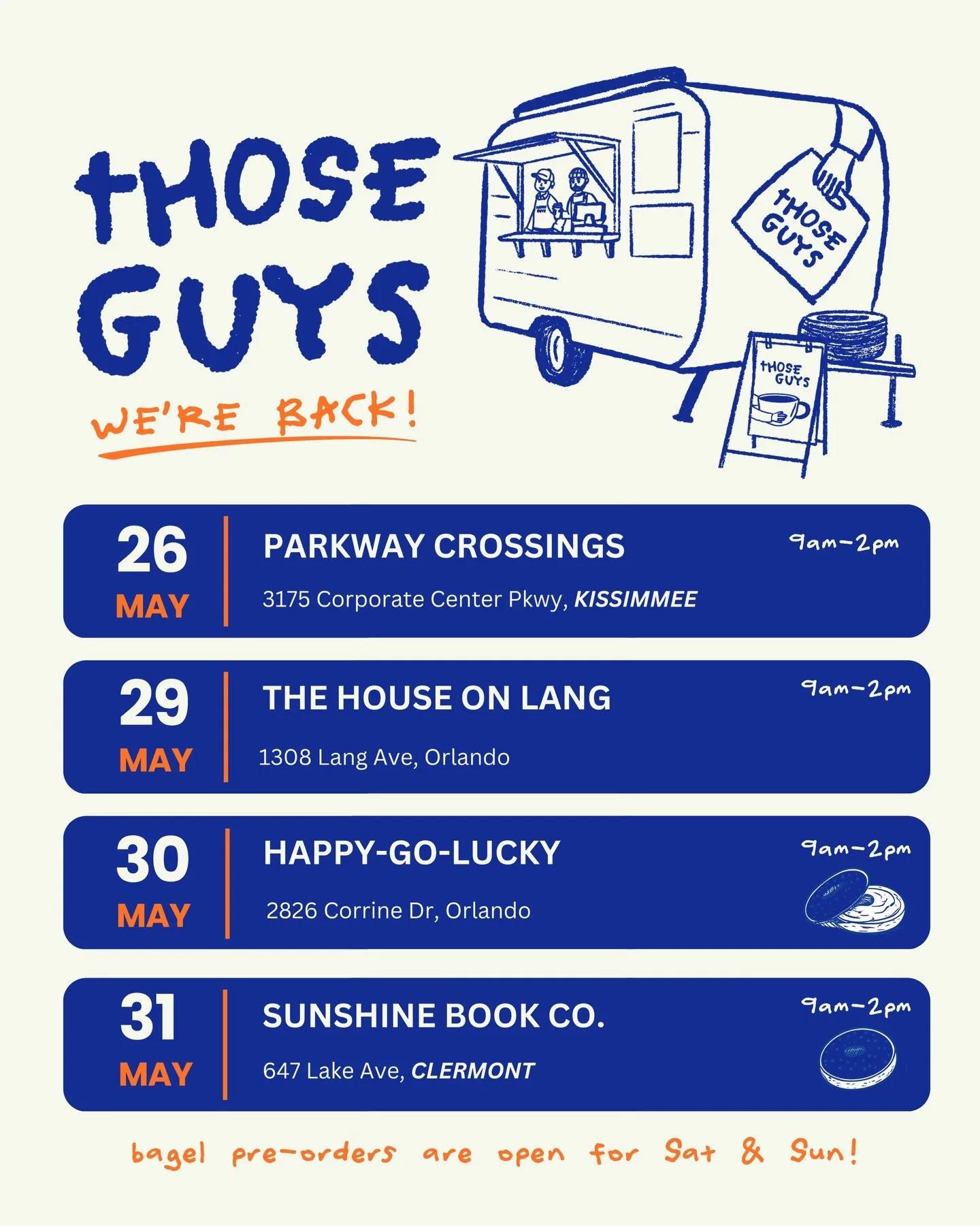 WE&rsquo;RE BACK and clearly energized! 😬

BAGEL PRE-ORDERS are live for SAT &amp; SUN 🥯
(new flavors alert 👀)

Can&rsquo;t wait to hang out and catch up with you all at this week&rsquo;s locations:

Tues, May 26th
&bull; @parkwaycrossings
&bull; 